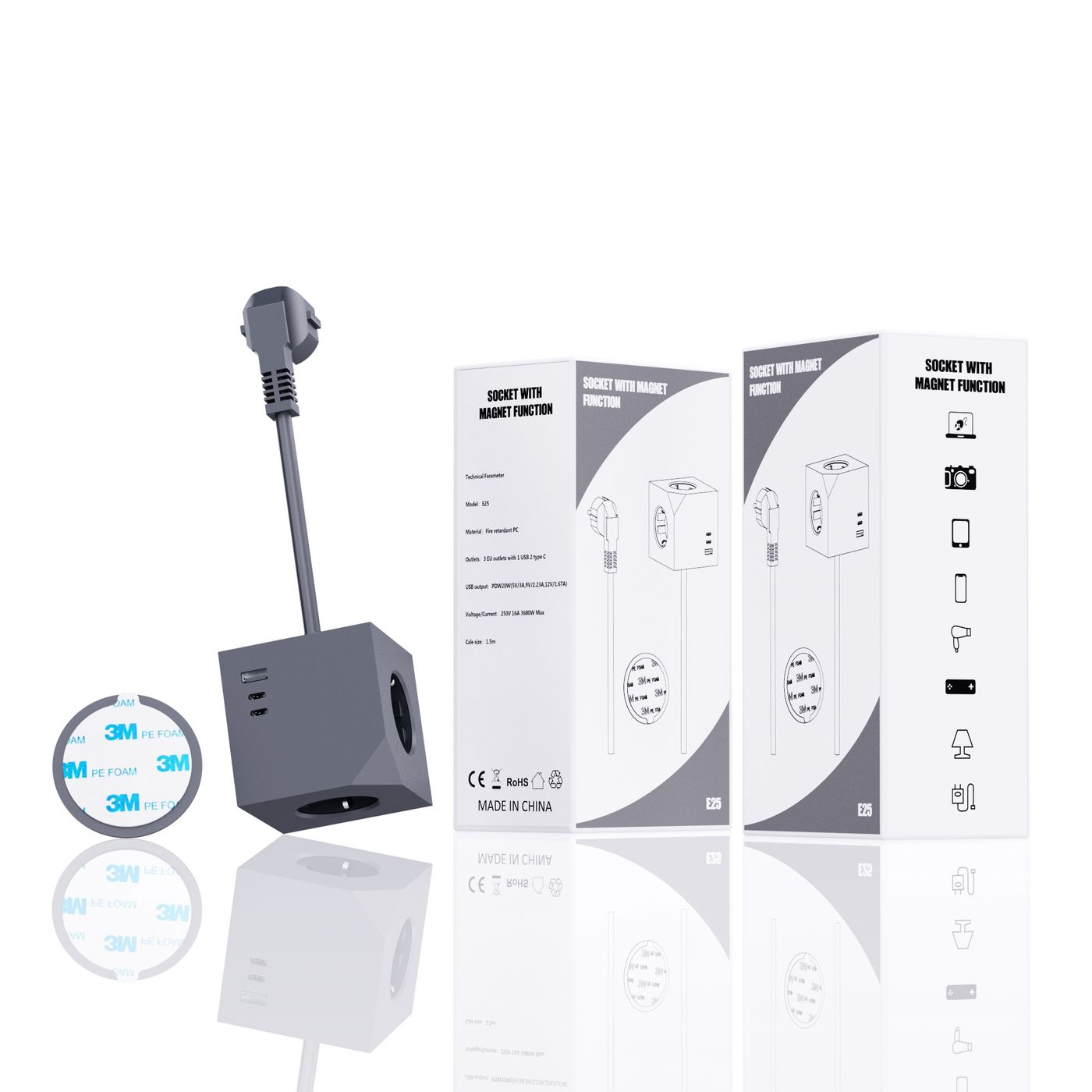 MicroConnect Power Cube 3 Schuko outlets with Magnetic function 2 - Zubehör Stromversorgung, Ansicht 2