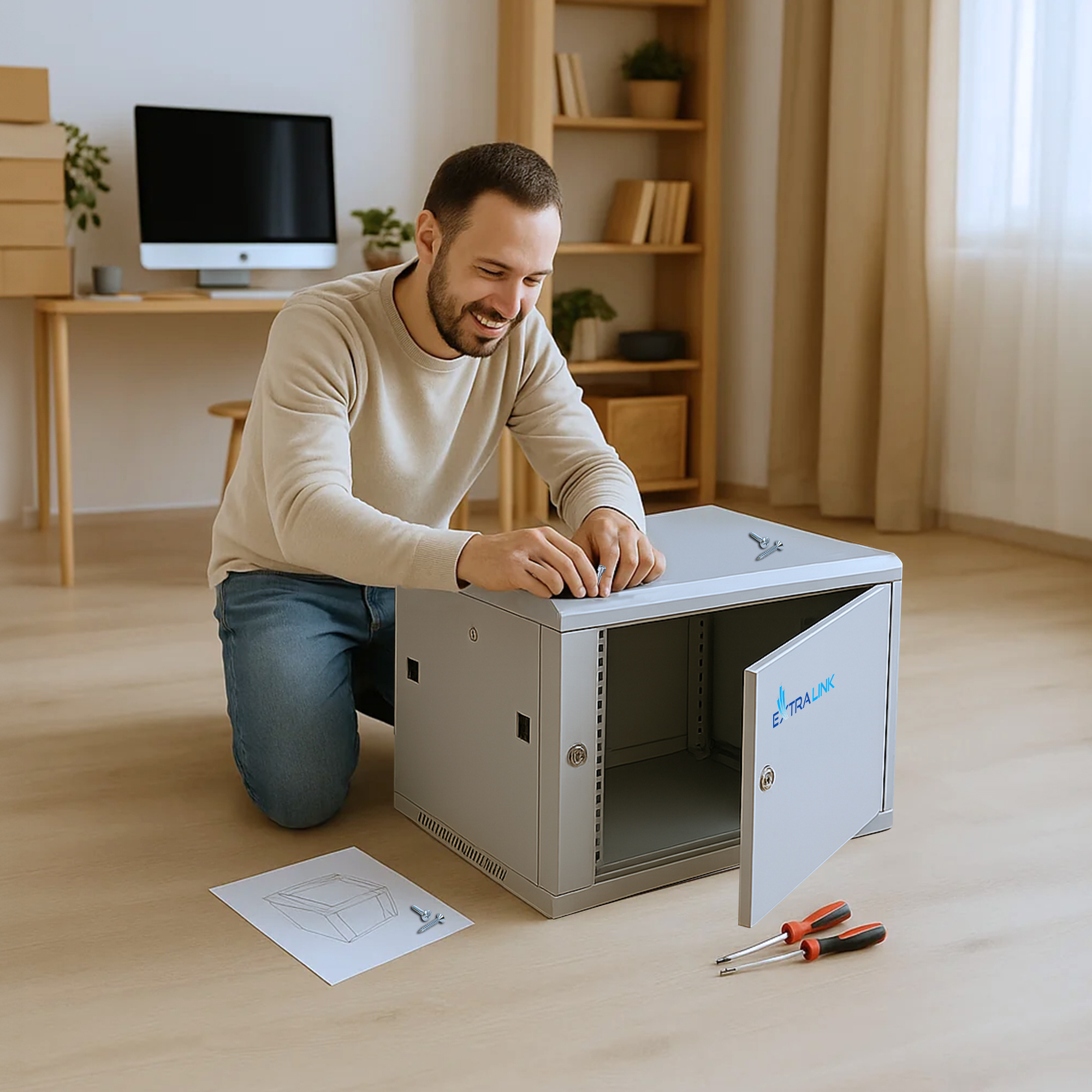 Extralink Rackmount-Schrank 6U 600x600 ASP Grau Wandmontage - Metalltür - 60 kg - Sperrschloss - Ablageschienen - Grau, Ansicht 4