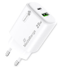 MEDIARANGE Ladegerät 25W 2-Port 1x USB-A/1x USB-C GaN weiß, Ansicht 2