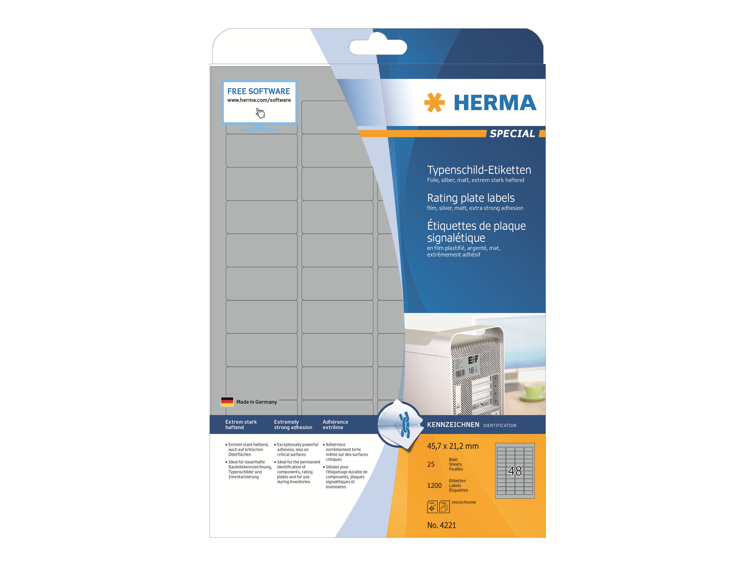 HERMA Special - Polyester - matt - permanent selbstklebend - Silber - 45.7 x 21.2 mm 1200 Etikett(en) (25 Bogen x 48)