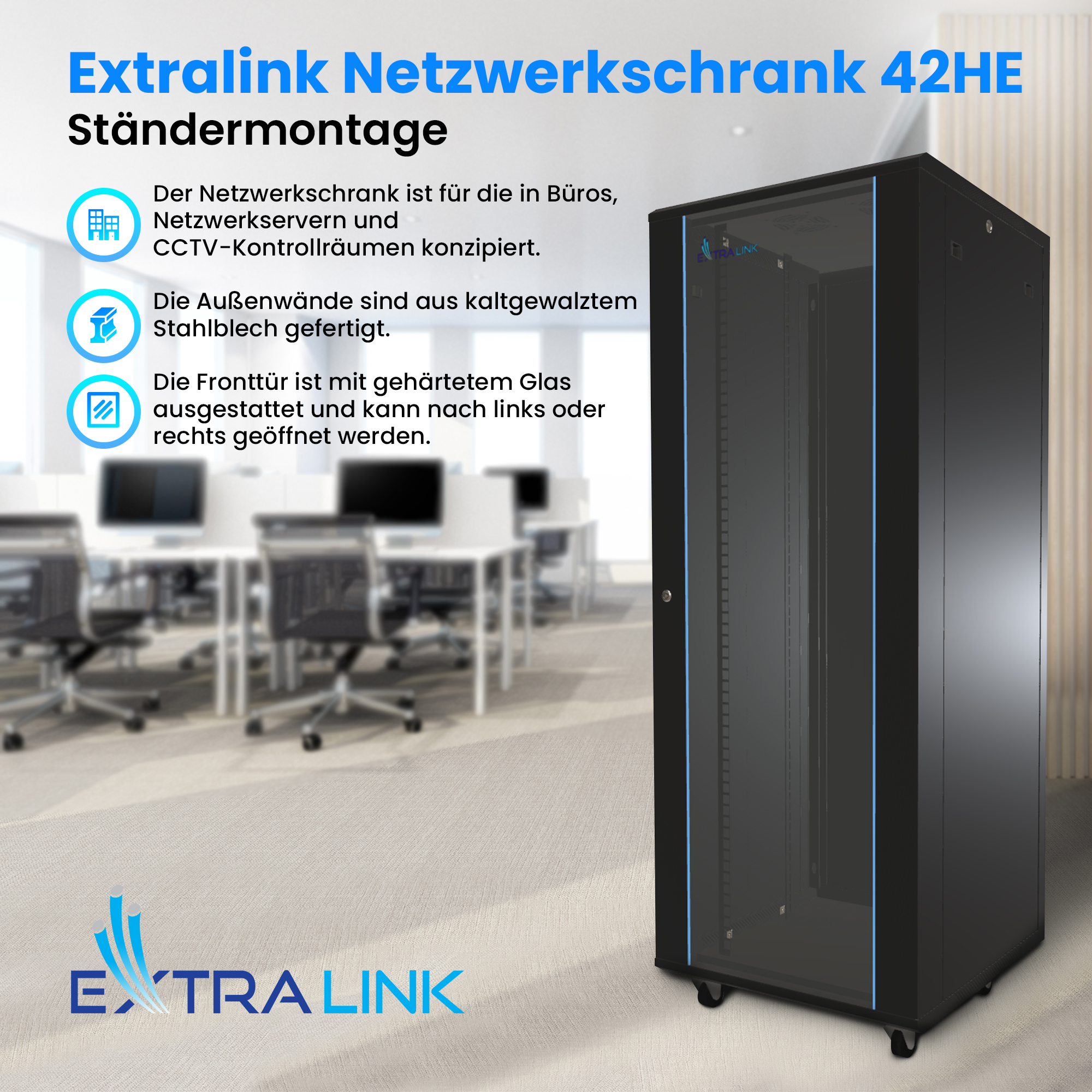 Extralink Rackmount-Schrank 42U 800x1000 Black stehend - 42U - 1500kg - Sperrschloss - Ablageschiene - Verstellbare Füße, Ansicht 3