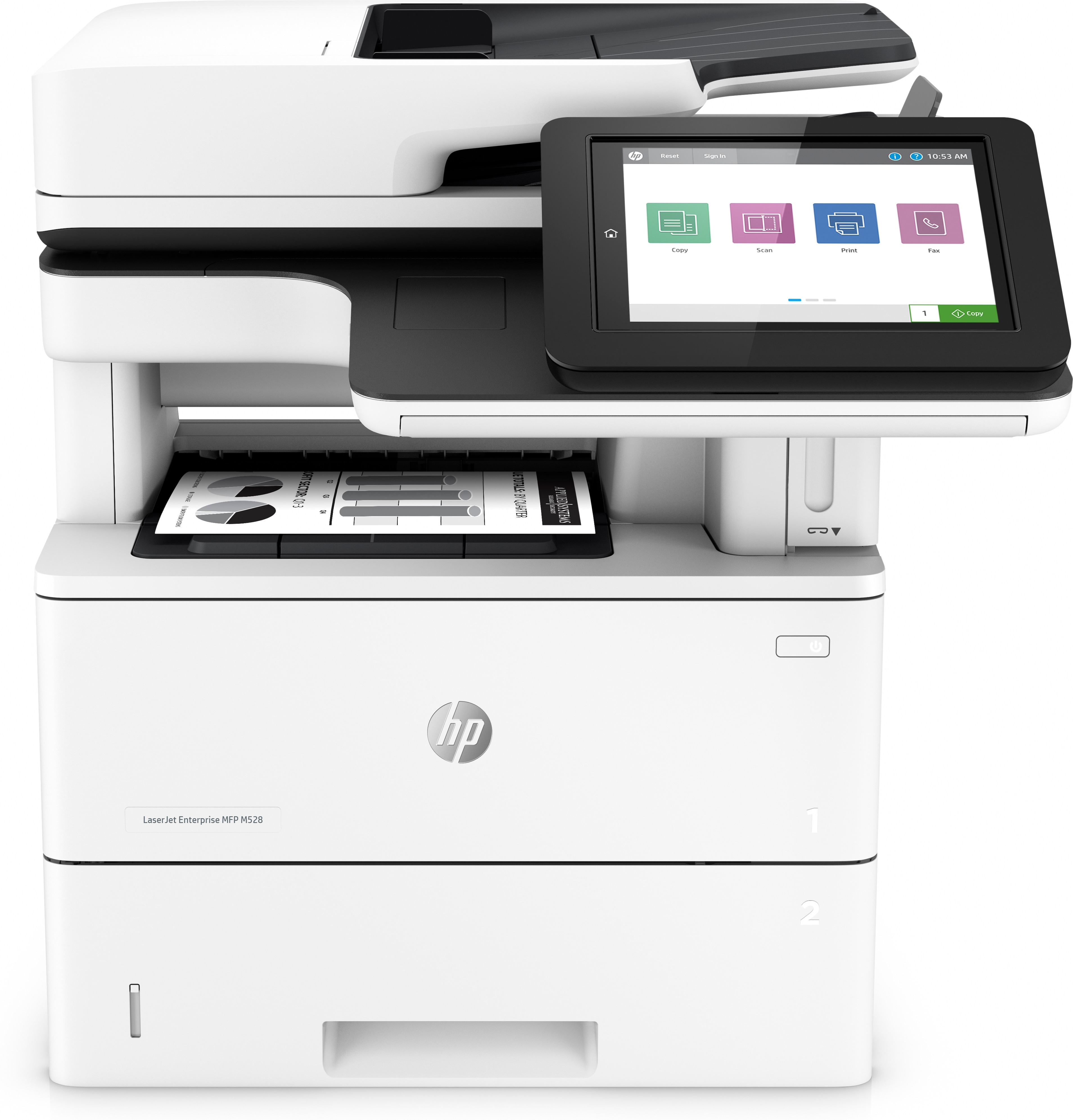 HP LaserJet Enterprise M528f MFP, Drucken, Kopieren, Scannen, Faxen, Drucken über die USB-Schnittstelle an der Vorderseite des Druckers; Scannen an E-Mail; Beidseitiger Druck; Beidseitiges Scannen, Laser, Monodruck, 1200 x 1200 DPI, A4, Direktdruck, Schwarz, Weiß