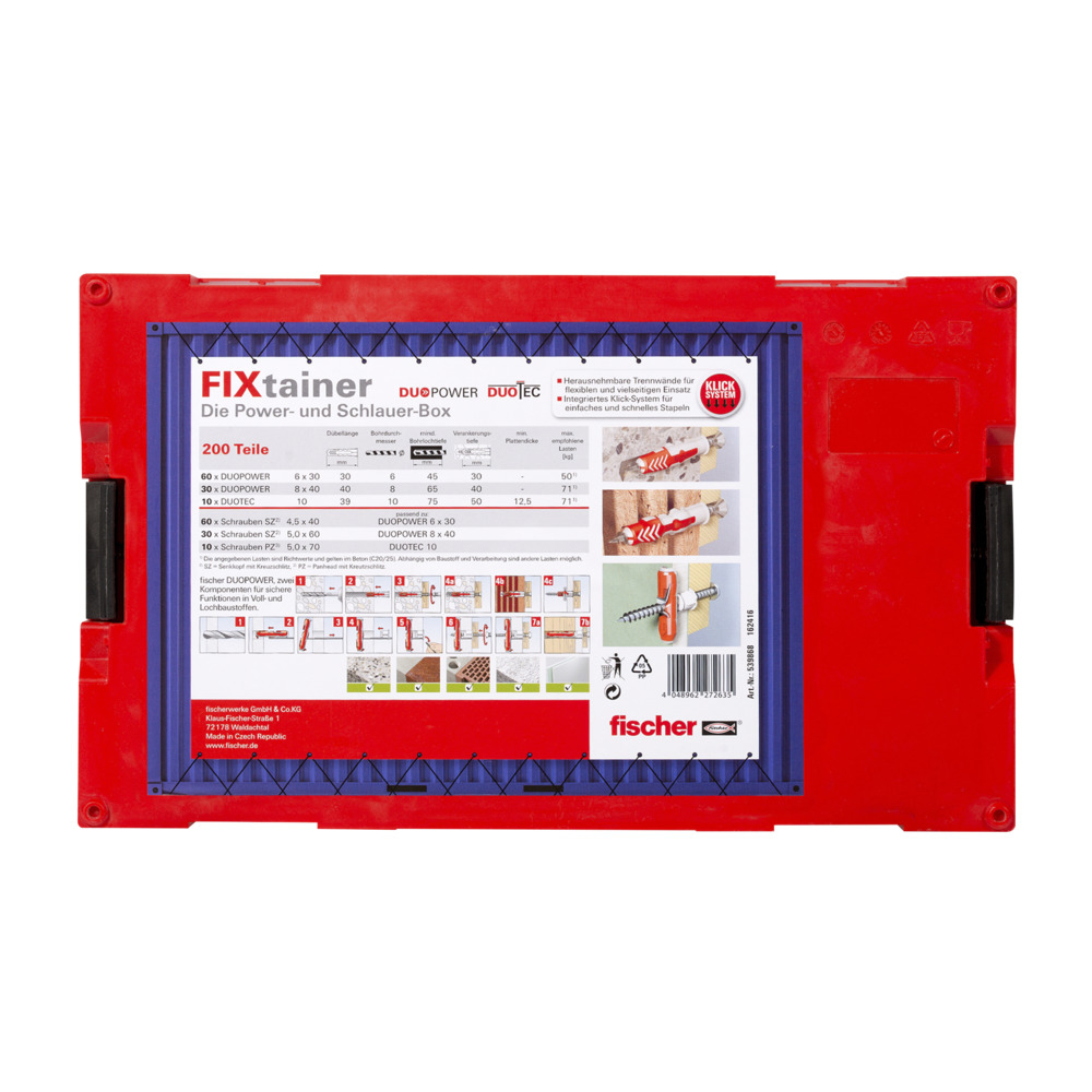 fischer FIXtainer-DUOPOWER/DUOTEC 200 - Spreizdübel - Beton - Metall - Grau - Rot - 90 Stück(e) - Box, Ansicht 4