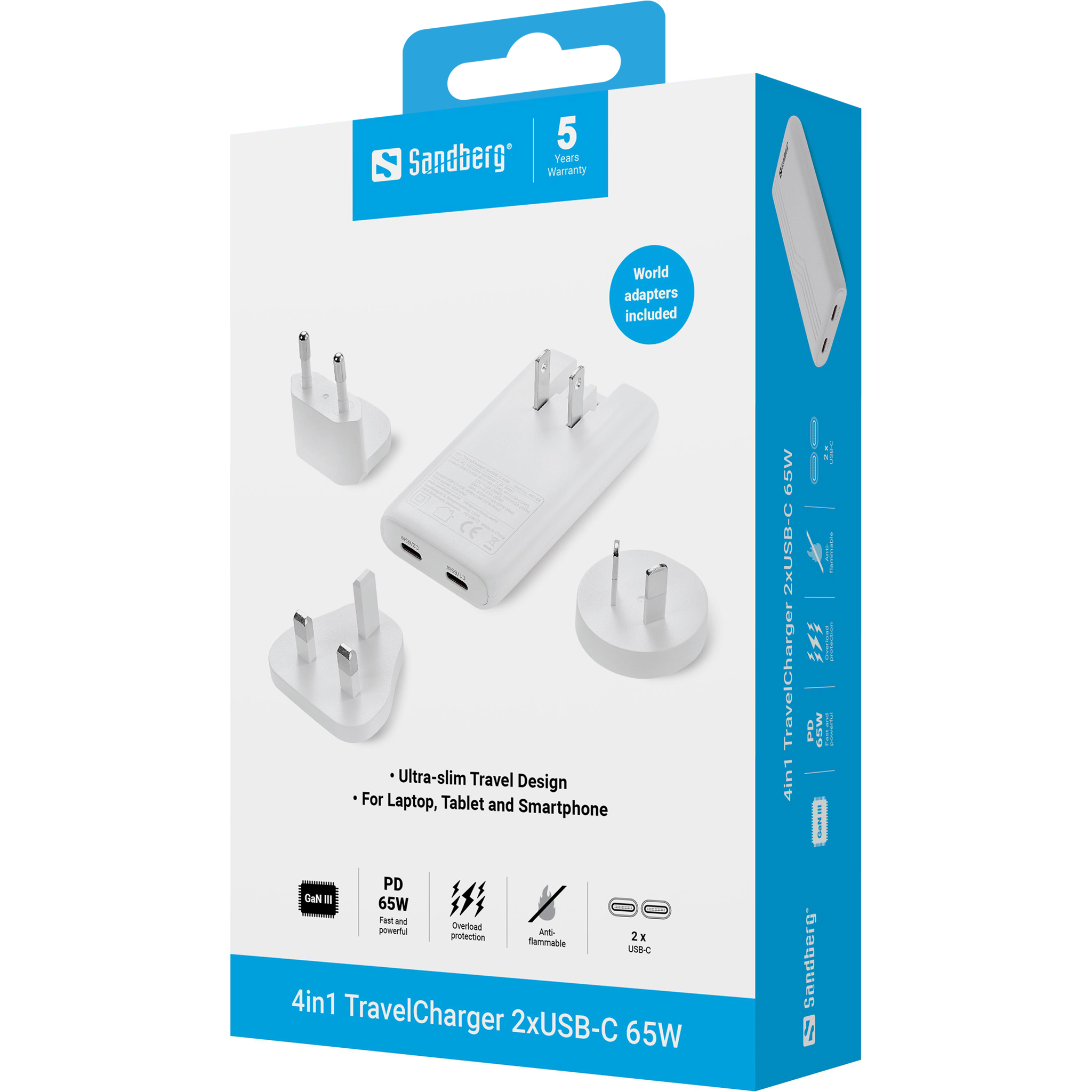 SANDBERG Netzteil - 4in1 - 65 Watt - 3 A - PD - 2 Ausgabeanschlussstellen (24 pin USB-C), Ansicht 2
