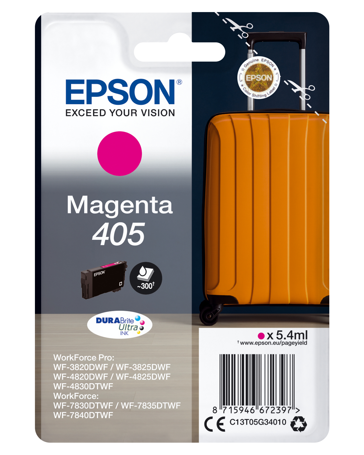 Epson Singlepack Magenta 405 DURABrite Ultra Ink, Standardertrag, Tinte auf Pigmentbasis, 5,4 ml, 1 Stück(e), Einzelpackung