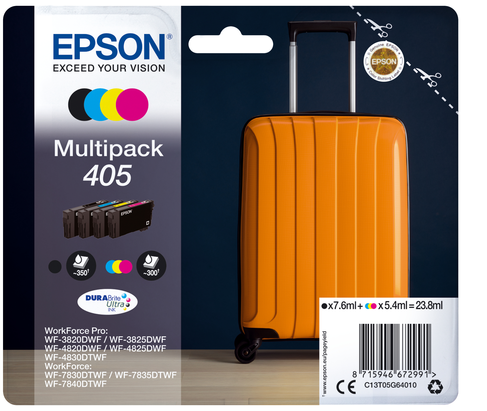 Epson Multipack 4-colours 405 DURABrite Ultra Ink, Standardertrag, Tinte auf Pigmentbasis, Tinte auf Pigmentbasis, 7,6 ml, 5,4 ml, 1 Stück(e)