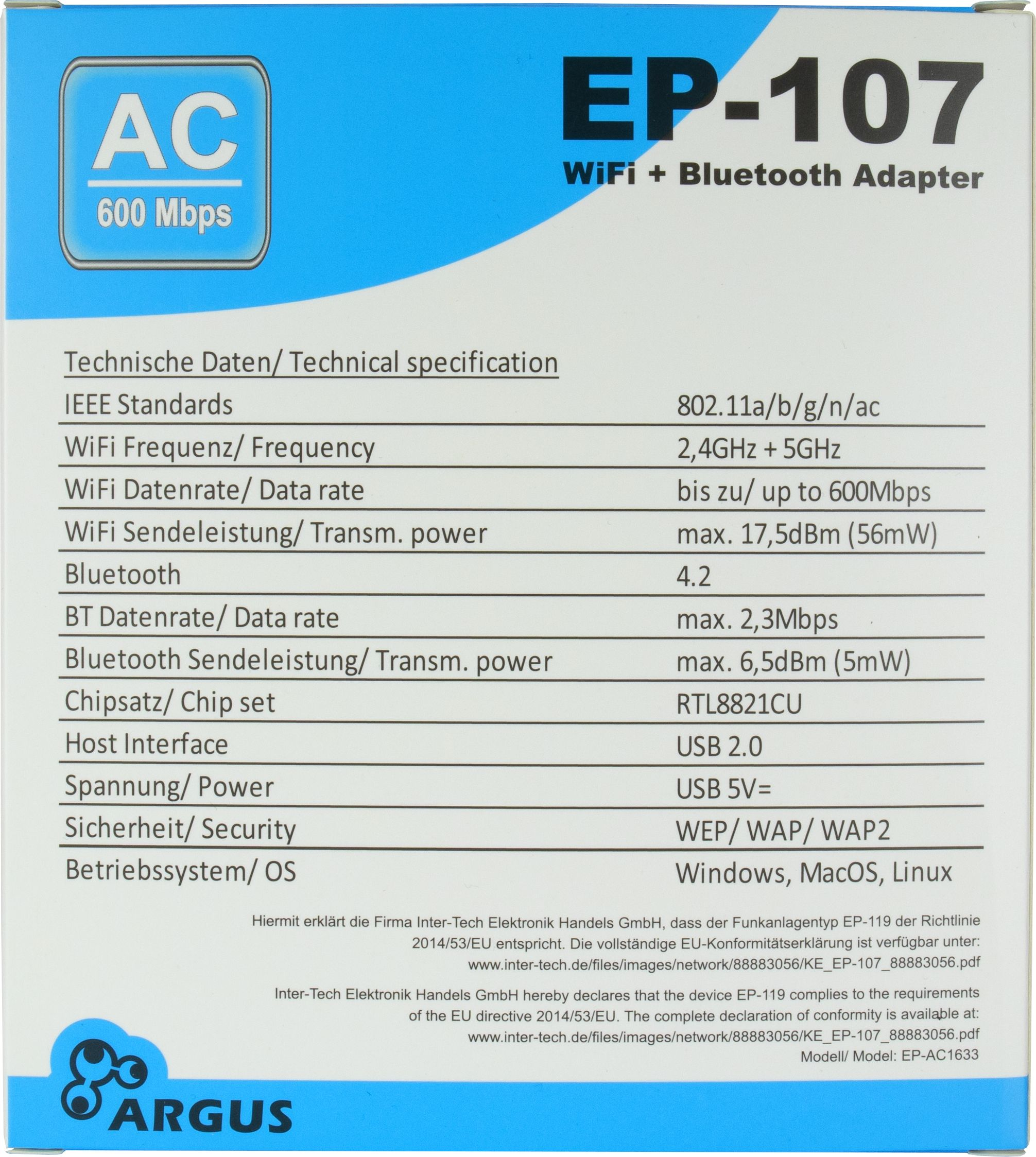 Inter-Tech USB Adapter EP-107 Wi-Fi und BT4.2 NT Argus USB2.0.600Mbps, Ansicht 2