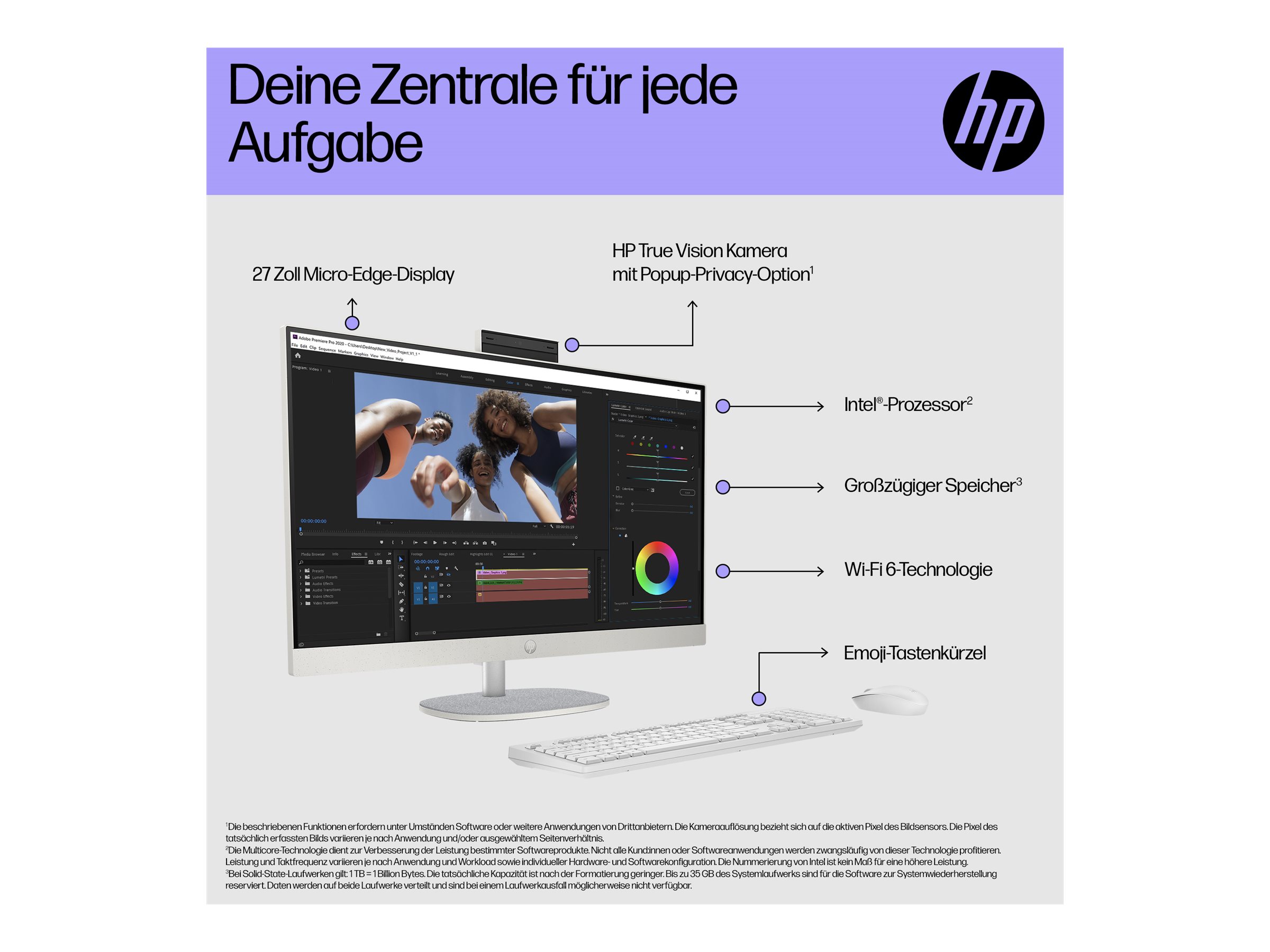 HP 27-cr0113ng - All-in-One (Komplettlösung) - Core i3 i3-1315U - RAM 16 GB - SSD 512 GB - NVMe - UHD Graphics - 1GbE, Wi-Fi 6, Bluetooth 5.3 - WLAN: 802.11a/b/g/n/ac/ax, Bluetooth 5.3 - Win 11 Home - Monitor: LED 68.6 cm (27")