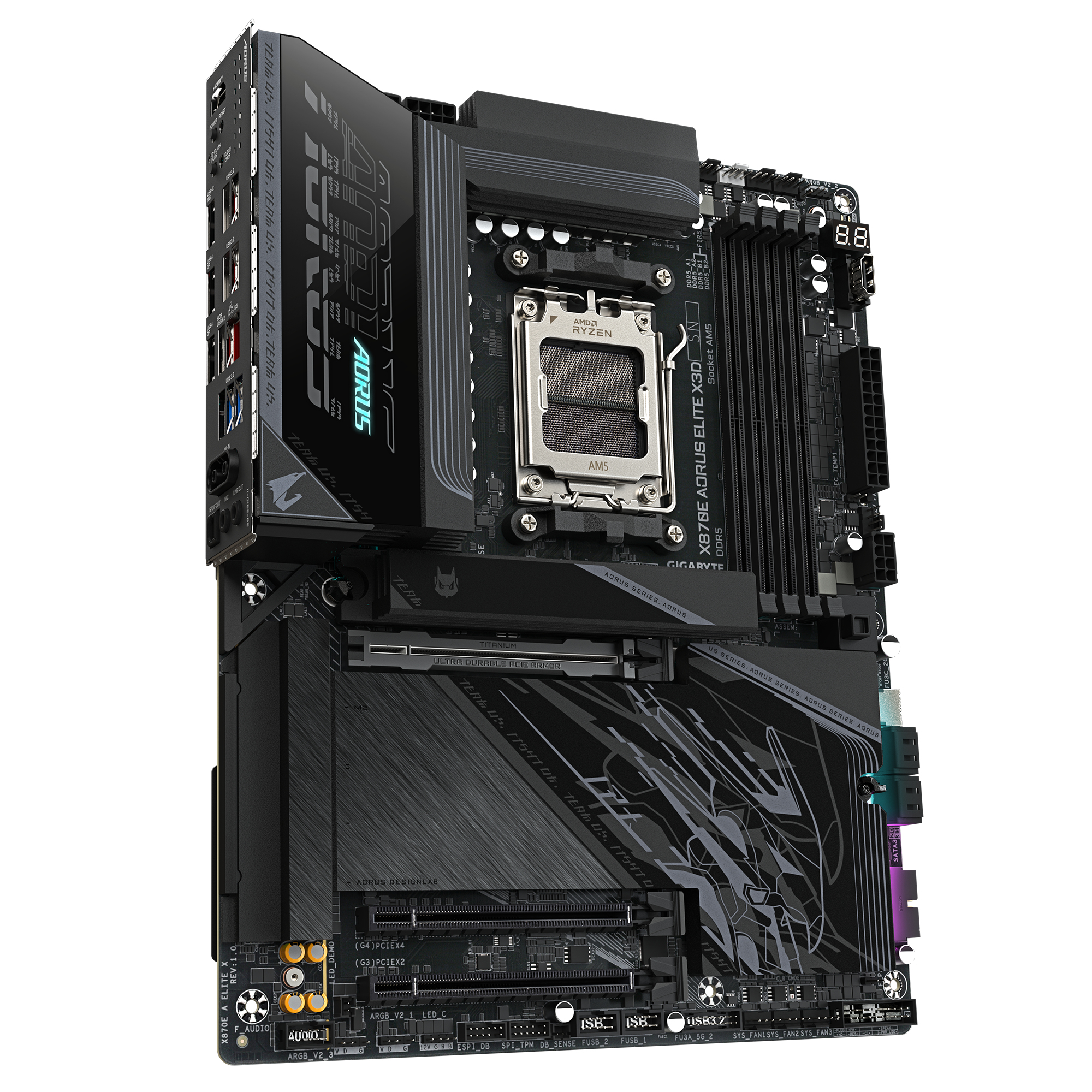 Gigabyte X870E AORUS ELITE X3D Mainboard – Unterstützt AMD Ryzen 9000 Prozessoren - ATX - AMD AM5, Ansicht 3