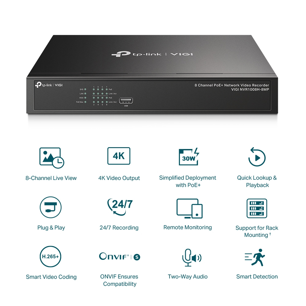 TP-LINK VIGI NVR1008H-8MP V1 - NVR - 8 Kanäle - netzwerkfähig, Ansicht 4