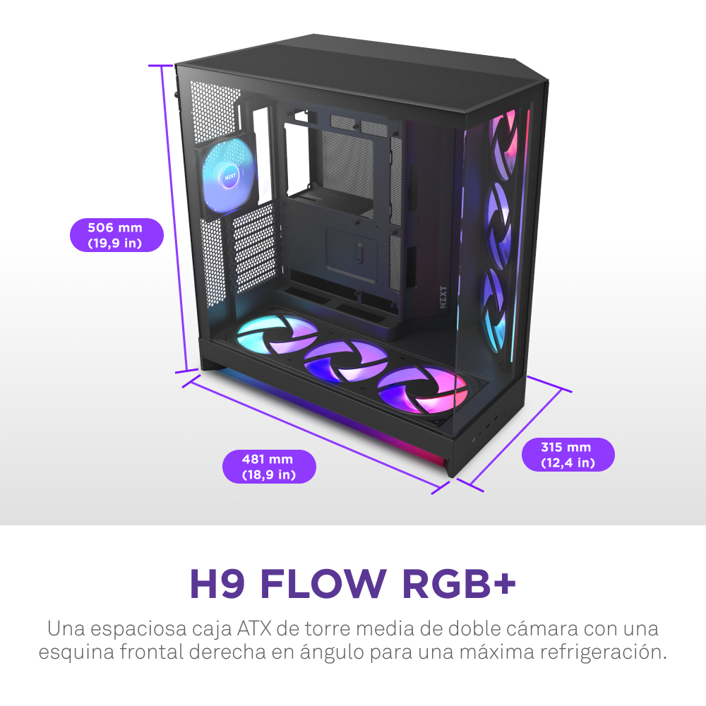 NZXT H9 Flow RGB+ schwarz matt Temperd Glass x 2 - Gehäuse - ATX - Midi/Minitower - ATX, Ansicht 2