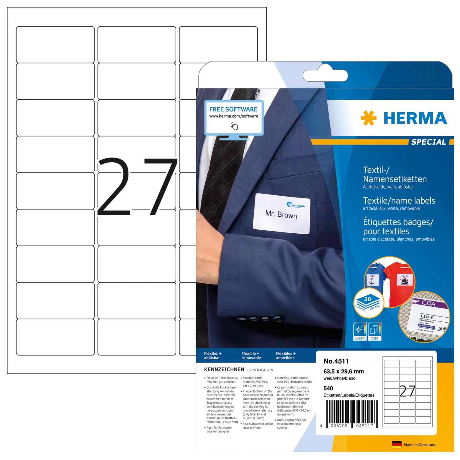 HERMA Special Name labels - Acetatseide - selbstklebend, entfernbarer Klebstoff - weiß - 63.5 x 29.6 mm 540 Etikett(en), Ansicht 4
