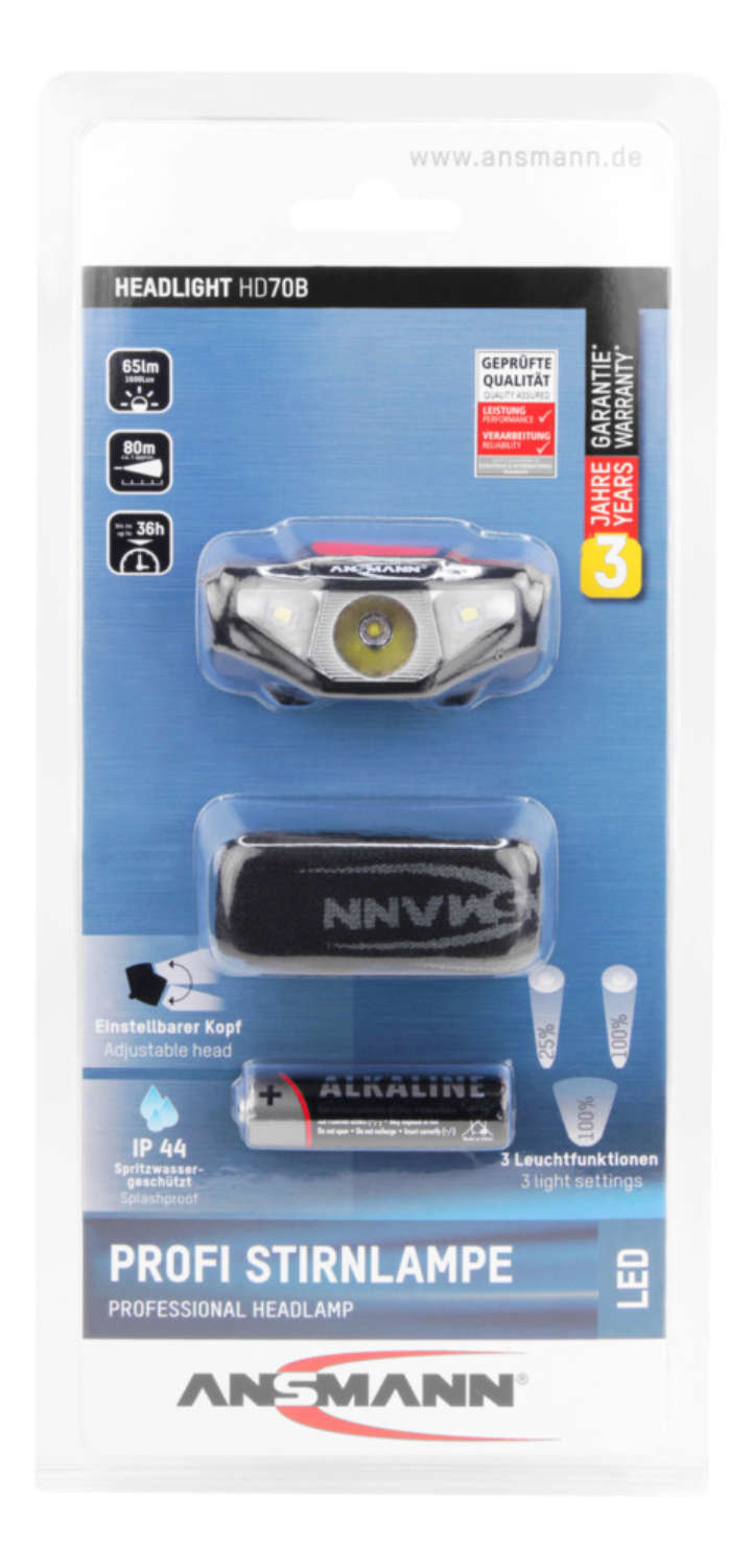 Ansmann HD70B - Stirnband-Taschenlampe - Schwarz - Acrylnitril-Butadien-Styrol (ABS) - Kunststoff - IP44 - LED, Ansicht 4