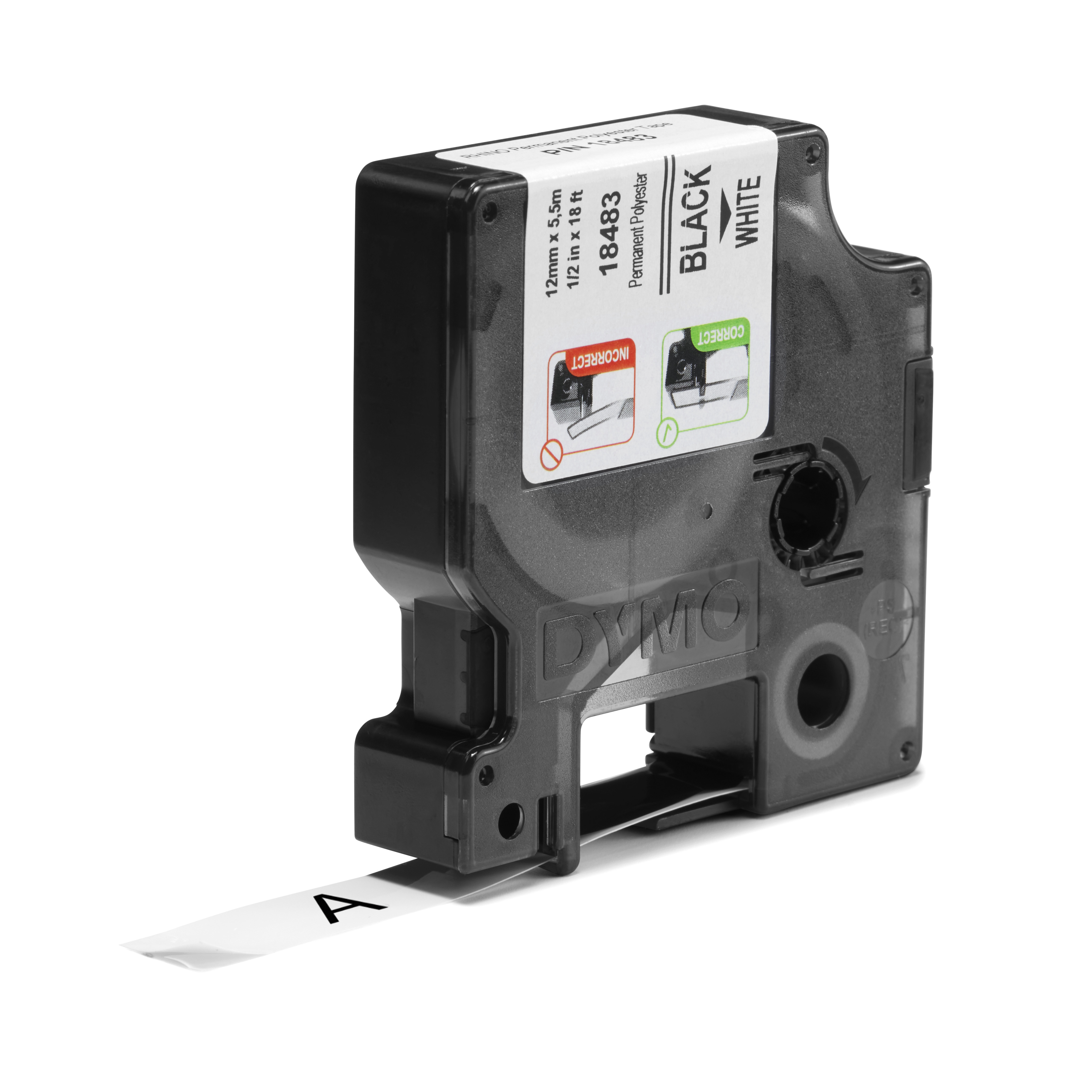 Dymo IND - Polyester - permanenter Klebstoff - Schwarz auf Weiß - Rolle (1,2 cm x 5 m), Ansicht 2
