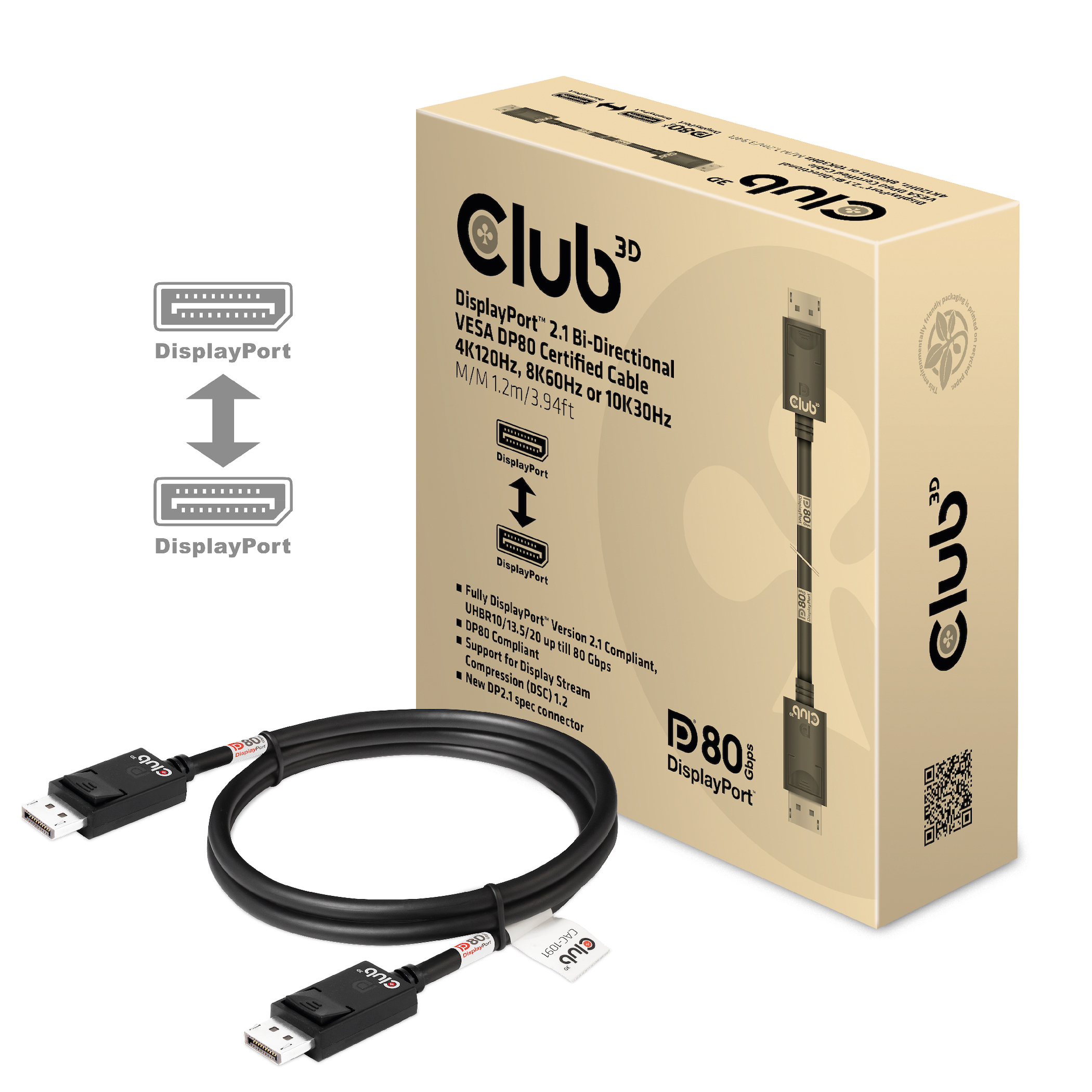 Club 3D DisplayPort-Kabel - DisplayPort (M) - zu DisplayPort (M) - DisplayPort 2.1 - 1.2 m - Support von 4K 120 Hz, Ansicht 2