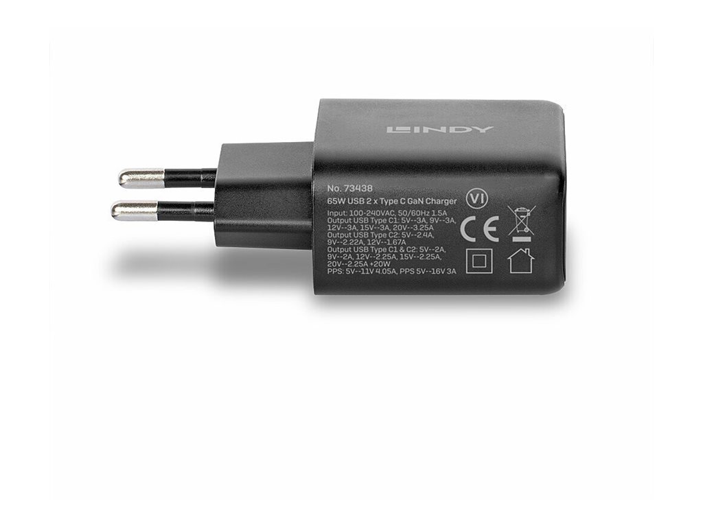 Lindy Netzteil - 65 Watt - 4.05 A - Power Delivery 3.0 + PPS, QC 4.0 - 2 Ausgabeanschlussstellen (24 pin USB-C), Ansicht 2