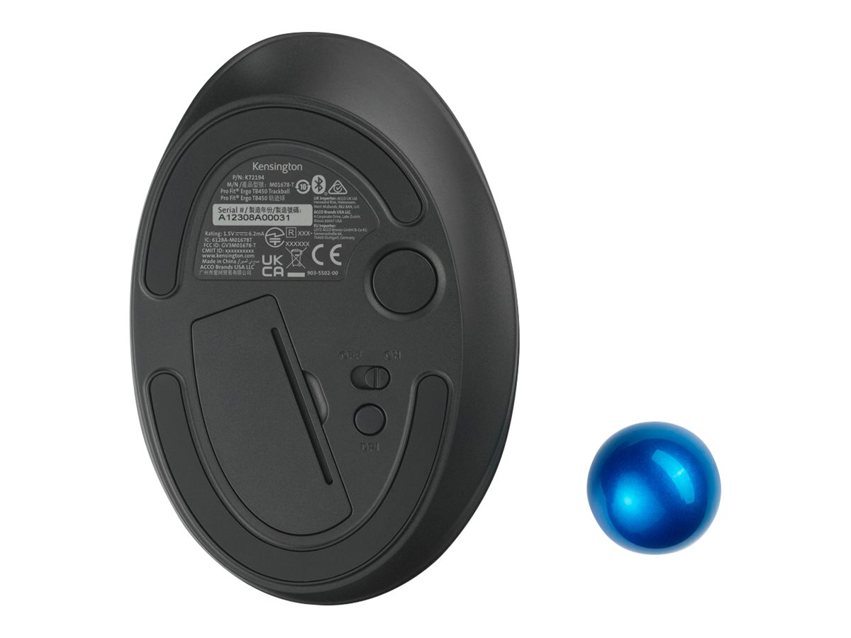 Kensington Pro Fit Ergo TB450 EQ - Trackball - ergonomisch - optisch - 7 Tasten - kabellos - 2.4 GHz Bluetooth - kabelloser Empfänger (USB)