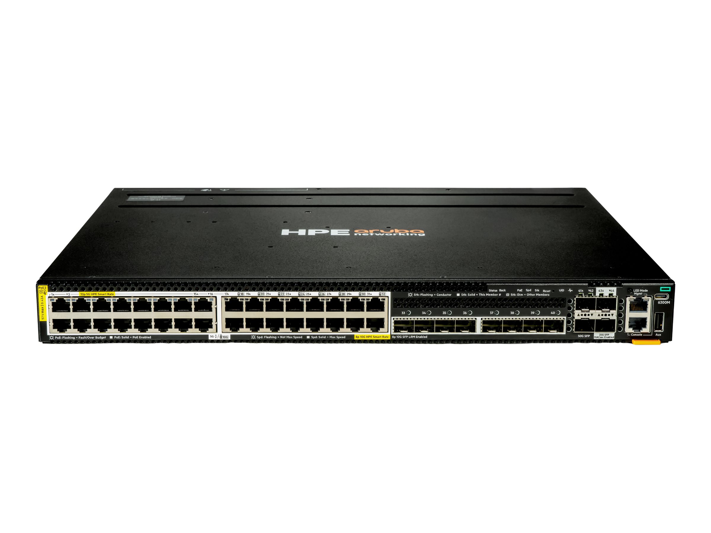 HPE Aruba Networking CX 6300M 32p Smart Rate 5G CL8 8p SFP+ 10G LRM 2p SFP56 50G 2p SFP28 25G MACsec Switch - Switch - L3 - managed - 32 x 1/2.5/5GBase-T (PoE++)