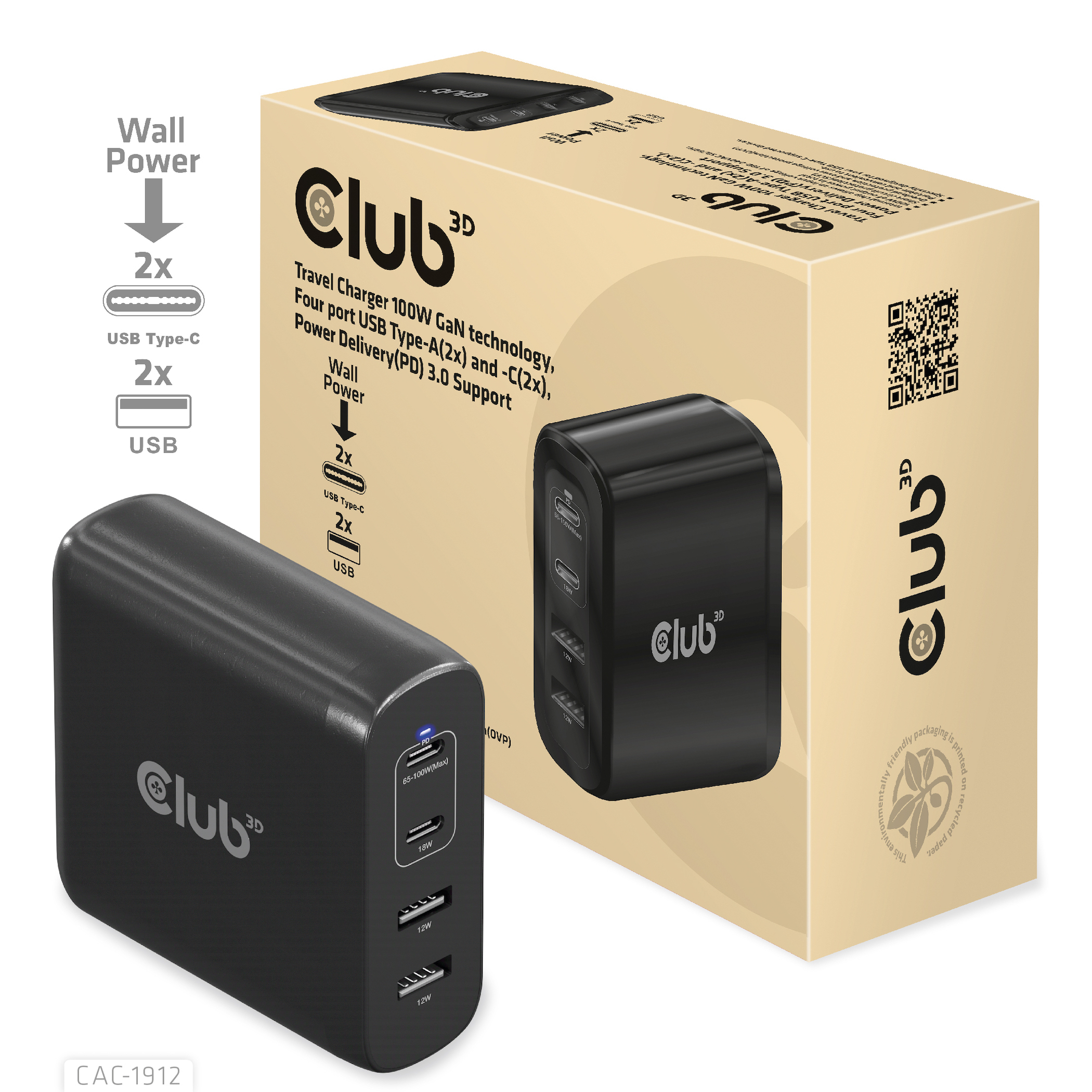 Club 3D CAC-1912EU - Universal - Drinnen/Draußen - 100-240 V - 50-60 Hz - 100 W - 5-20 V, Ansicht 3