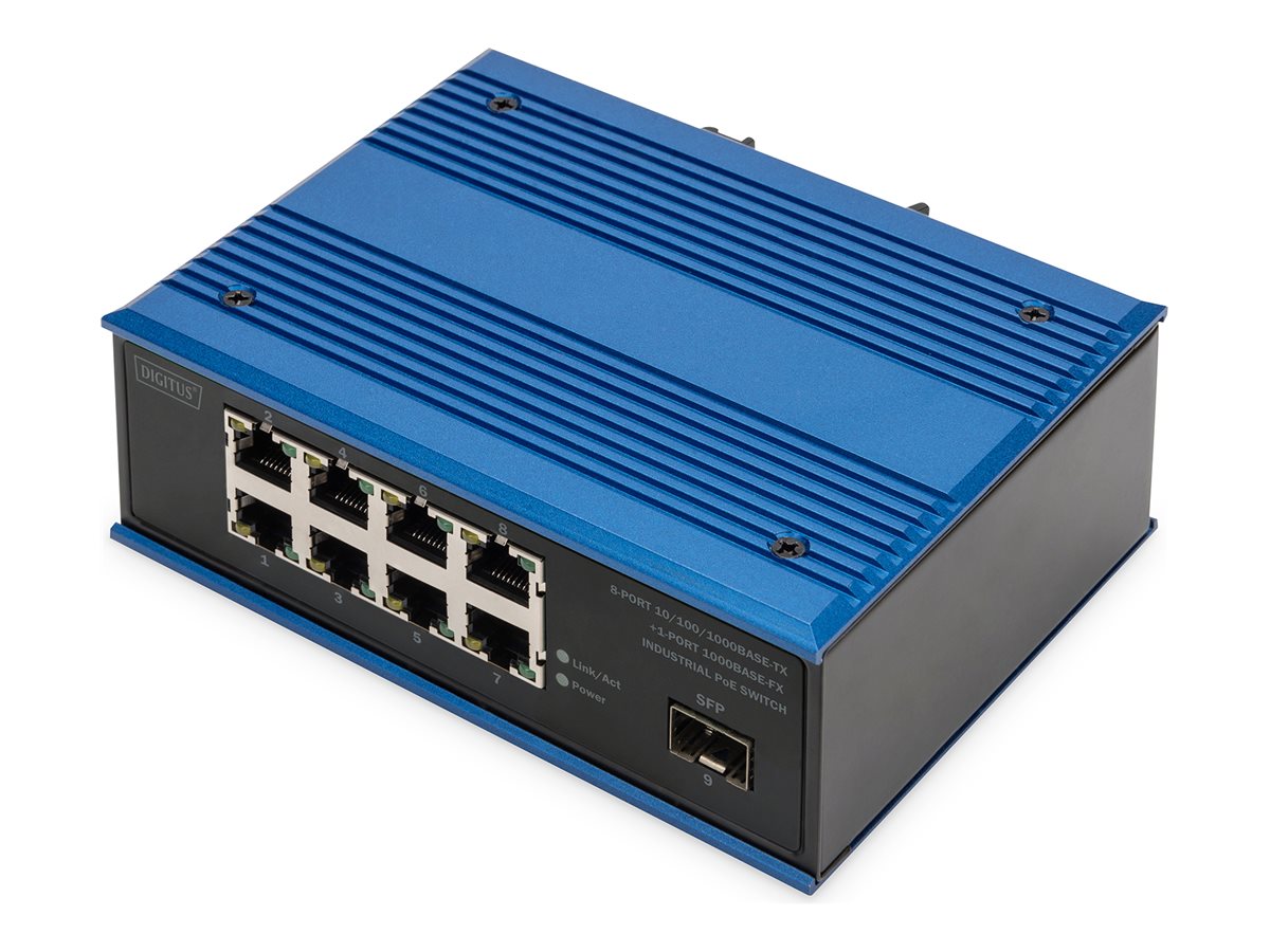 DIGITUS 8 Port Gigabit Ethernet Netzwerk PoE Switch, Industrial, Unmanaged, 1 SFP Uplink Switch