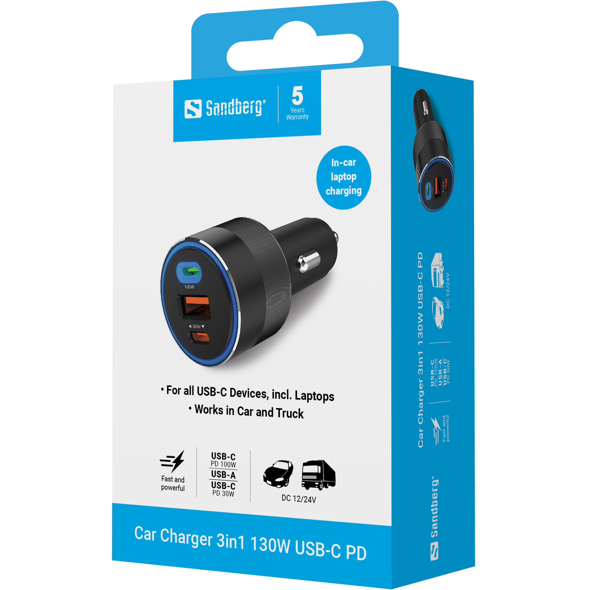 SANDBERG Active - Auto-Netzteil - 130 Watt - 3 Ausgabeanschlussstellen (USB, 24 pin USB-C), Ansicht 2