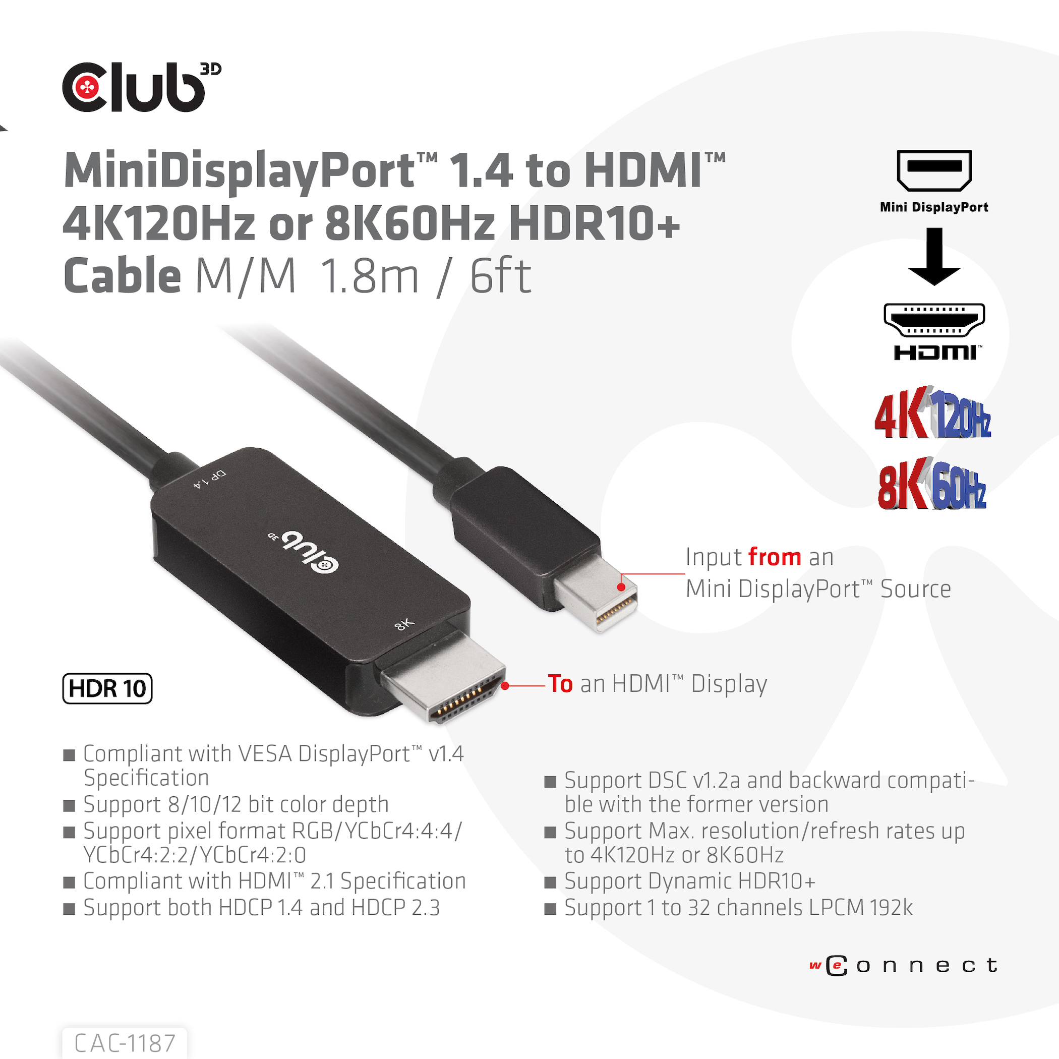Club 3D CAC-1187 - Adapterkabel - Mini DisplayPort männlich zu HDMI männlich - 1.8 m - unterstützt 8K 60 Hz(7680 x 4320), Ansicht 2