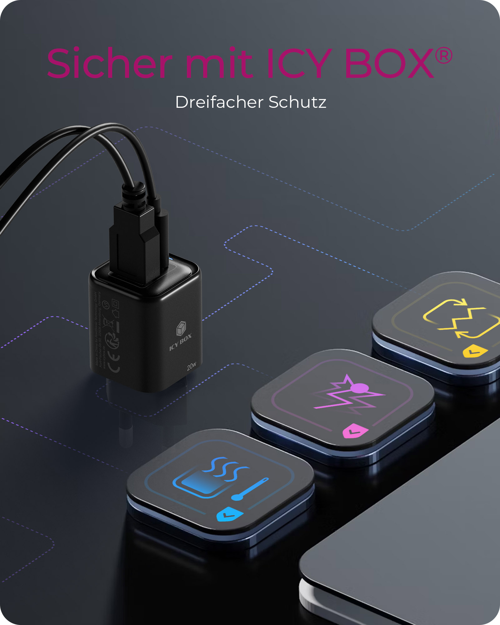 ICY BOX IB-PS1020-PD - Netzteil - 20 Watt - 3 A - PD 3.0, QC 3.0 - 2 Ausgabeanschlussstellen (24 pin USB-C, USB), Ansicht 2