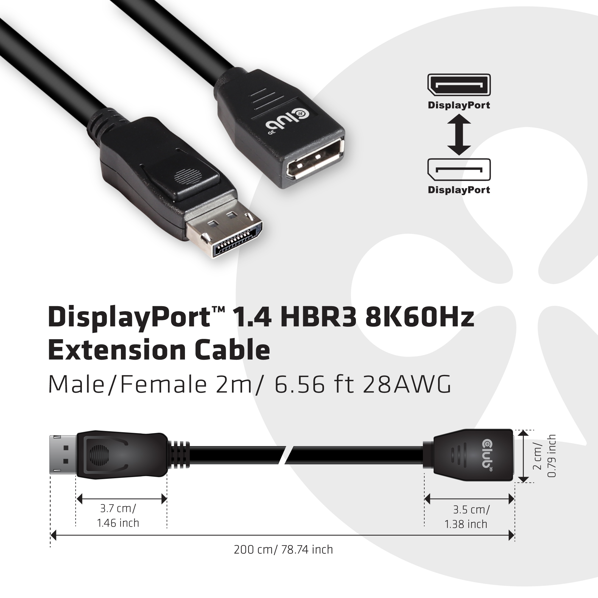 Club 3D DisplayPort-Verlängerungskabel - DisplayPort (M) - zu DisplayPort (W) - DisplayPort 1.4 - 2 m - 8K Unterstützung, Ansicht 3
