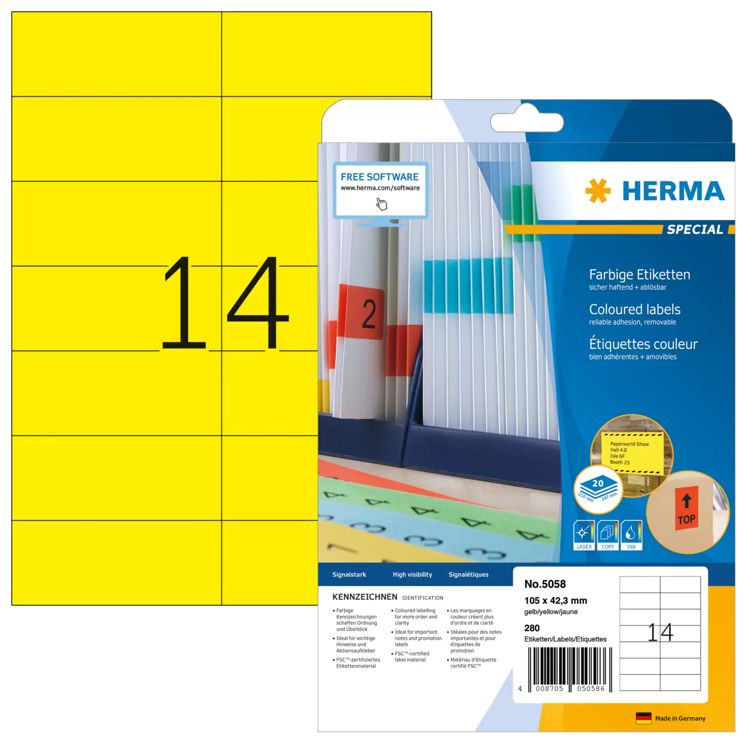 HERMA Special - Papier - matt - permanent selbstklebend - Gelb - 105 x 42.3 mm 280 Etikett(en) (20 Bogen x 14), Ansicht 4