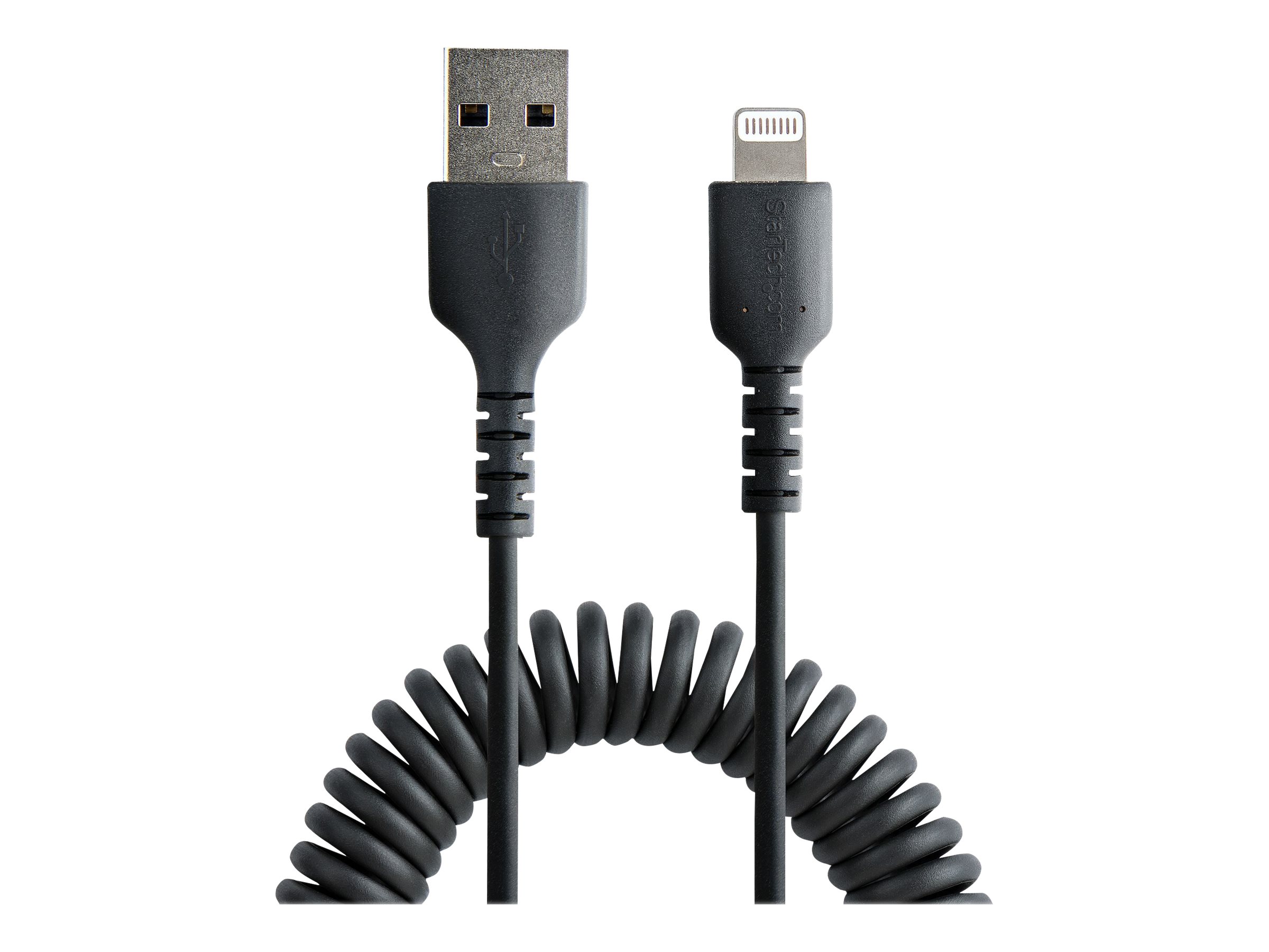 StarTech.com 1m USB auf Lightning Kabel, Spiralkabel, MFi zertifiziert, Schnellladekabel für iPhone/iPad, Schwarz, robuster TPE Mantel mit Aramidfaser, USB 2.0 Kabel (RUSB2ALT1MBC)