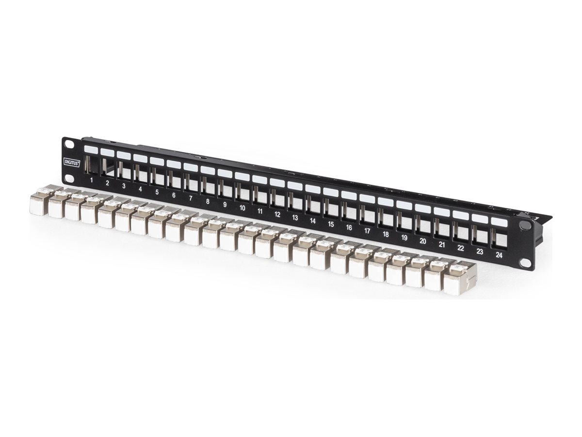 DIGITUS Patch Panel - modular - Rack montierbar - CAT 6a - RJ-45 X 24 - Schwarz, RAL 9005 - 1U - 48.3 cm (19")