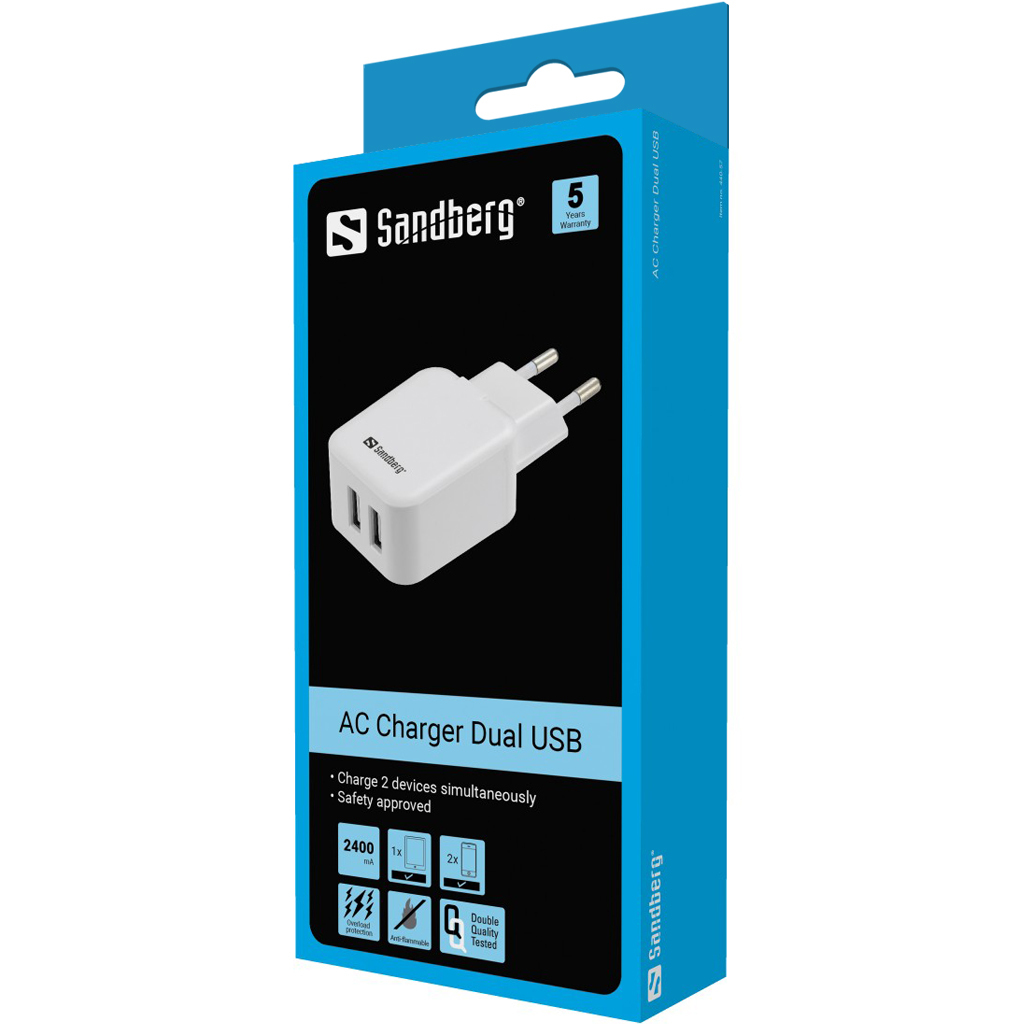 SANDBERG AC Charger Dual - Netzteil - 2.4 A - 2 Ausgabeanschlussstellen (2 x USB), Ansicht 3