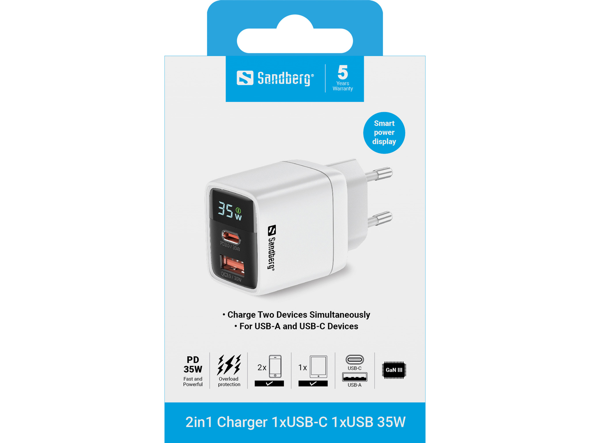 SANDBERG Netzteil - 2-in-1 - 35 Watt - 3 A - PD 3.0, Quick Charge 3.0 - 2 Ausgabeanschlussstellen (USB, 24 pin USB-C), Ansicht 4