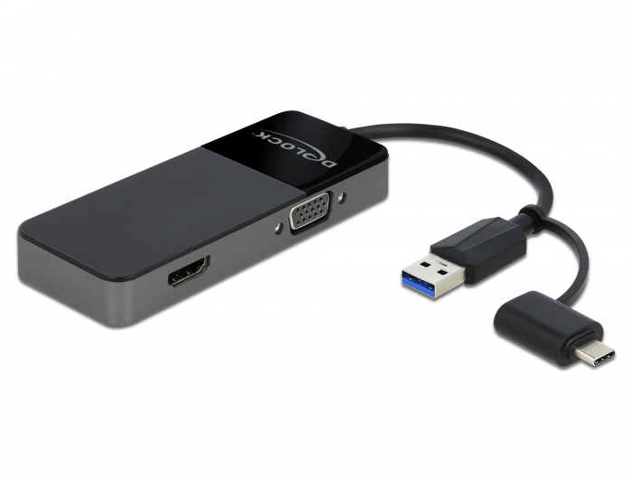 Delock 64085, USB 3.2 Gen 1 (3.1 Gen 1) Type-A, HDMI, VGA, 3840 x 2160 Pixel, Schwarz, 0,12 m, China