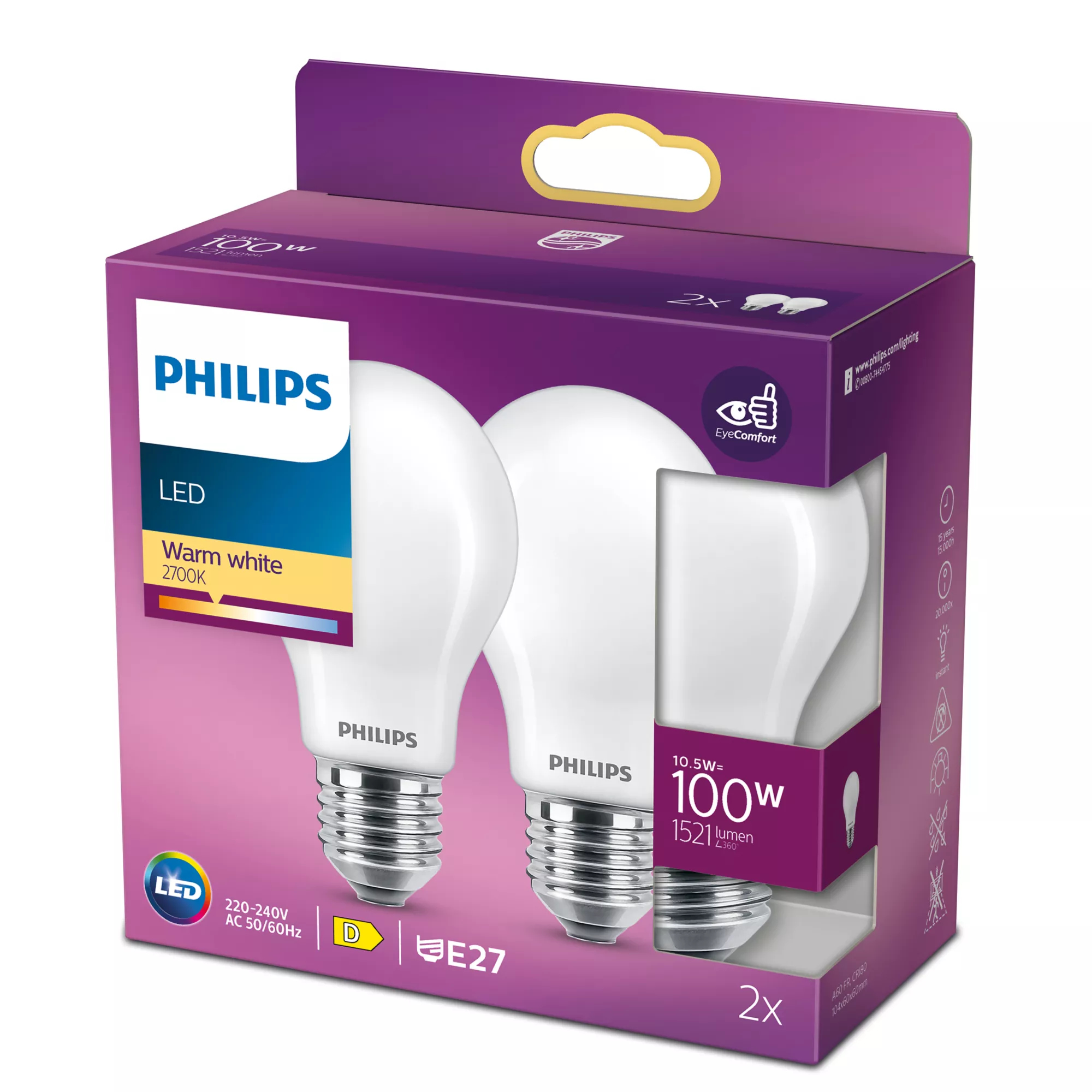 Philips Filament-Lampe Milchglas 100W A60 E27 x2 - 10,5 W - 1000 W - E27 - 1521 lm - 15000 h - Warmweiß, Ansicht 3