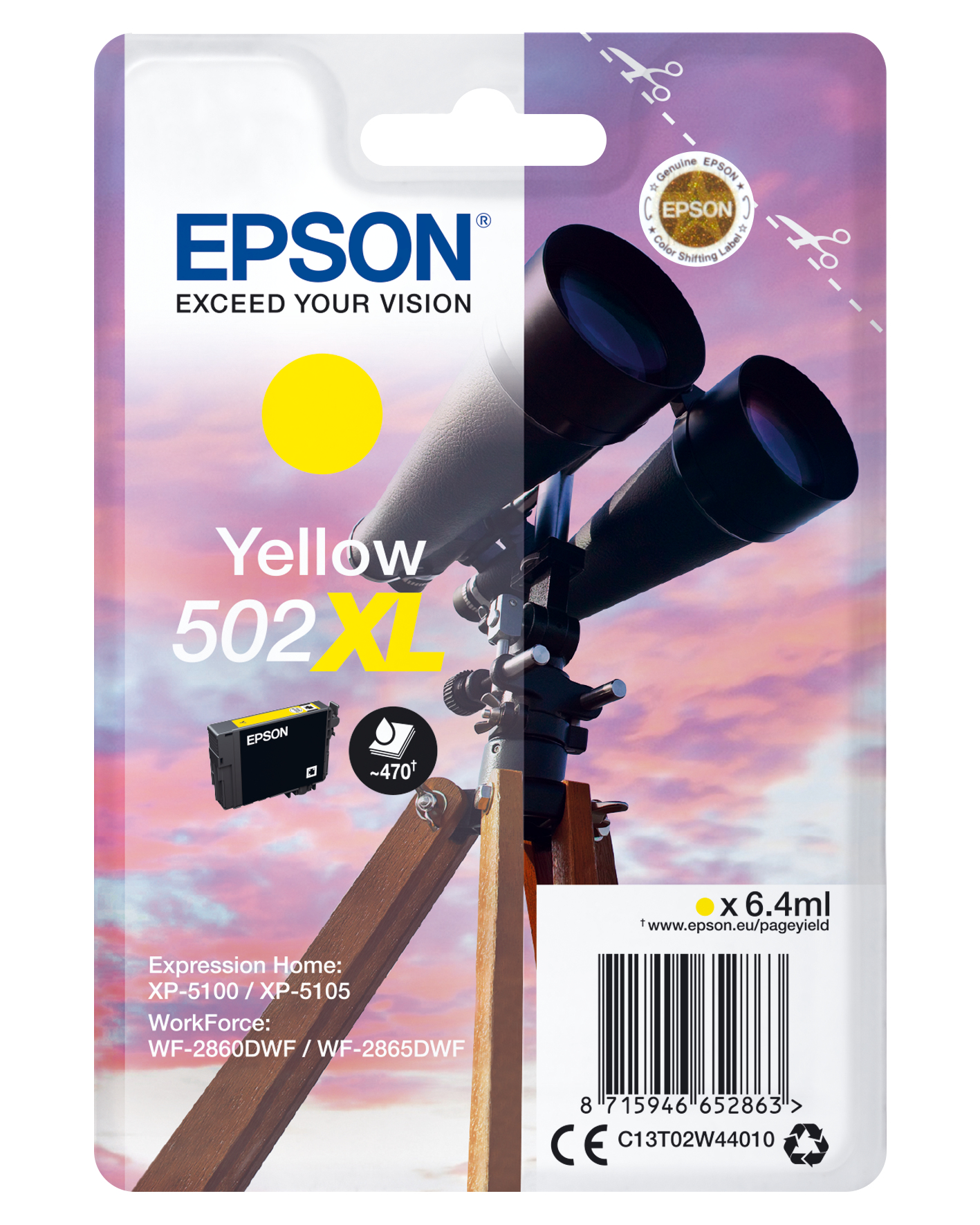 Epson Singlepack Yellow 502XL Ink, Hohe (XL-) Ausbeute, Tinte auf Pigmentbasis, 6,4 ml, 470 Seiten, 1 Stück(e)