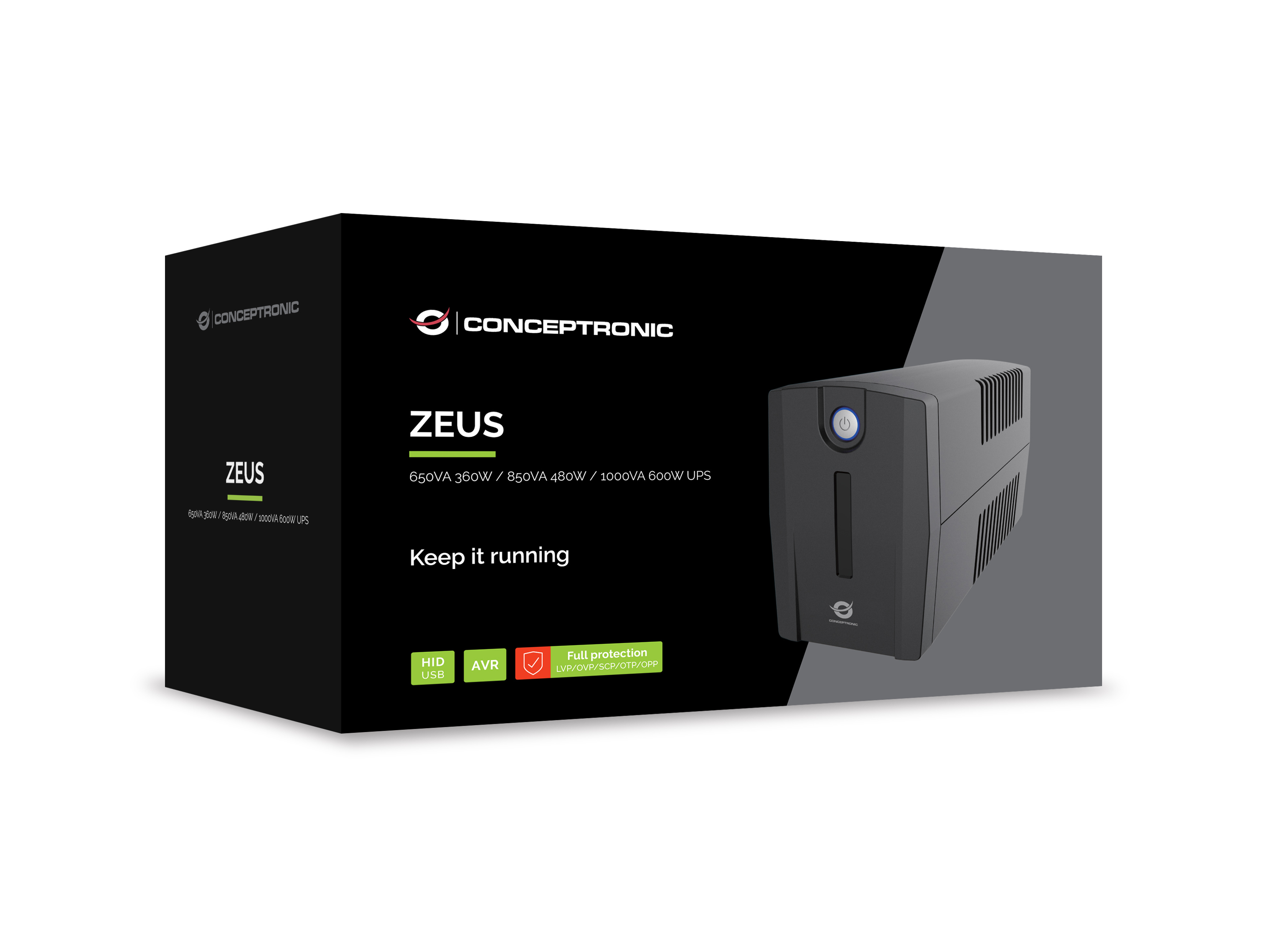 Conceptronic ZEUS01G 650VA 360W USV - 2x UK-Steckdosen - HID-USB - RJ45 Ein/Aus - mit AVR-Funktion - Line-Interaktiv, Ansicht 4