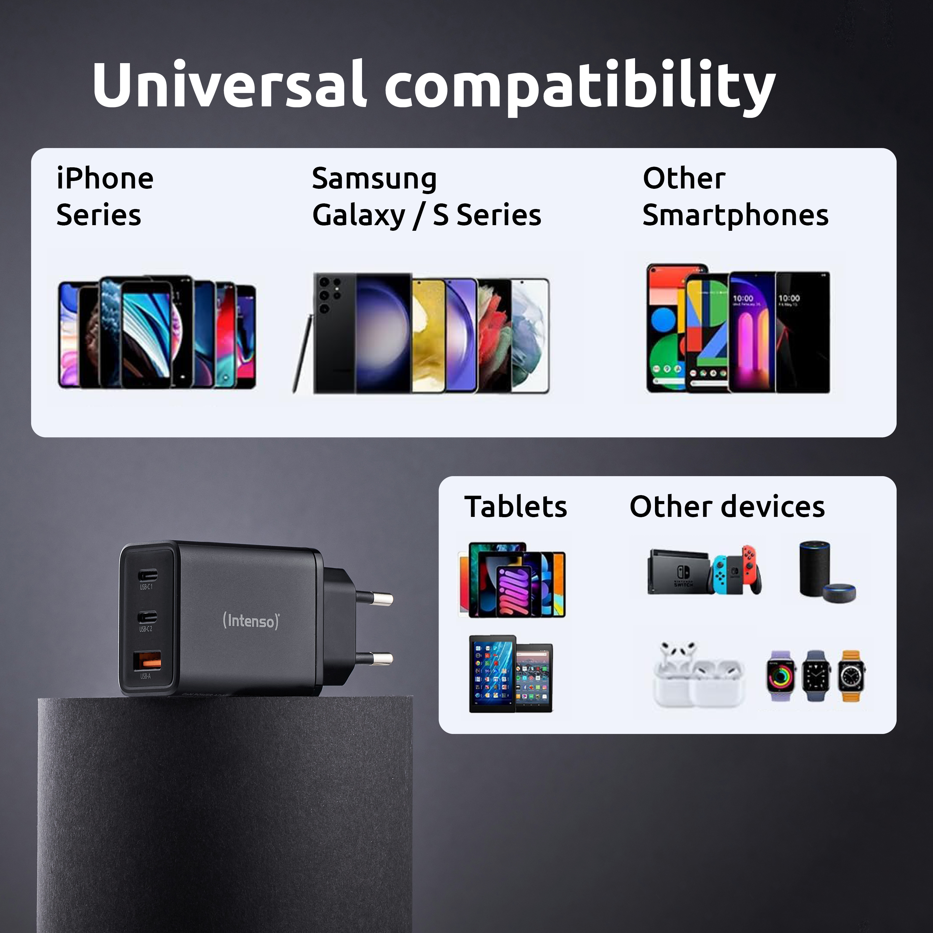 Intenso W65ACC GaN schwarz USB Ladegerät 65 W 1x USB-A 2x USB-C Schwarz, Ansicht 3