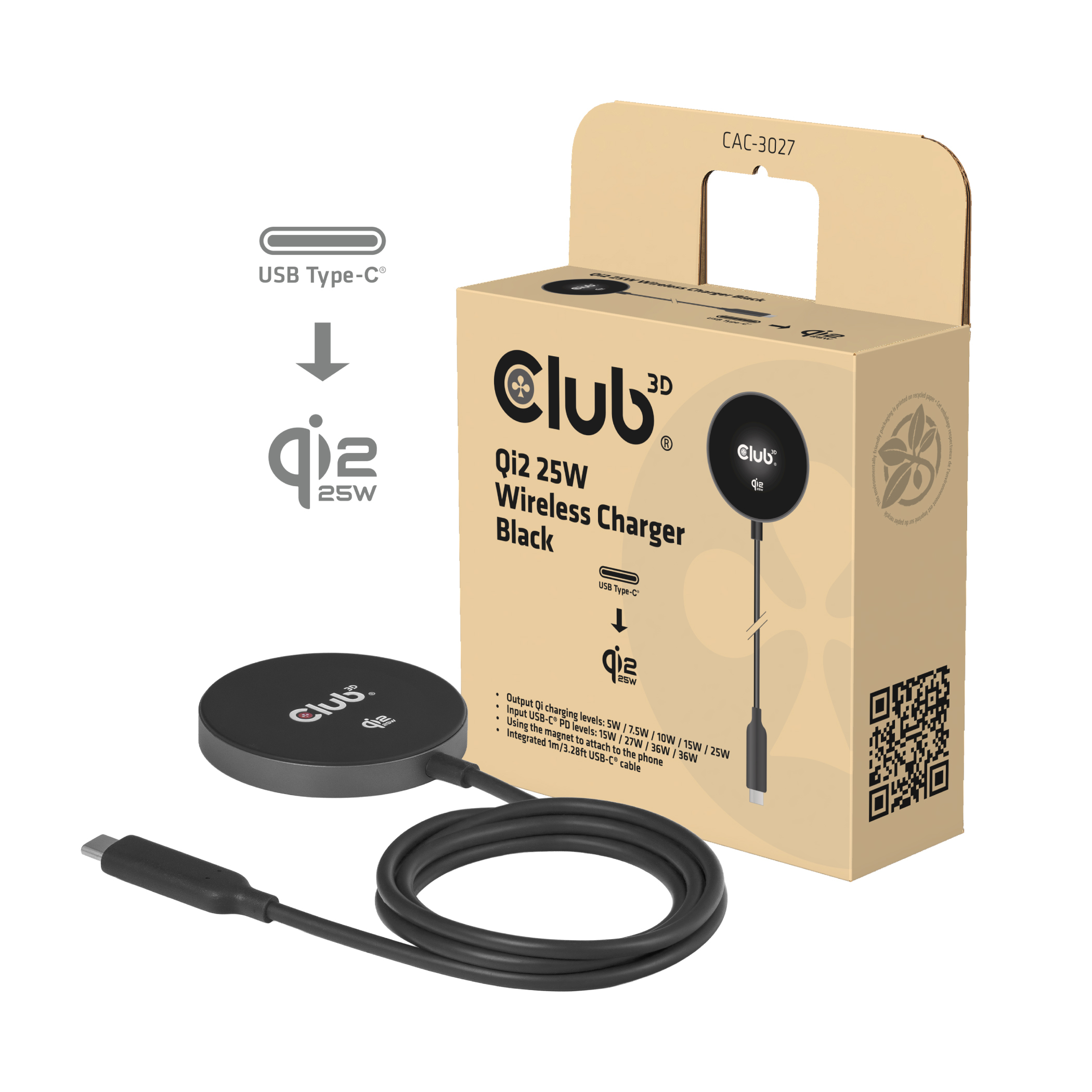 Club 3D Qi2 kabelloses Ladegerät 25 W - BK Qi 2.2*schwarz*, Ansicht 2