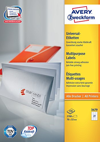 Avery Zweckform Avery - Weiß - 70 x 32 mm 2700 Etikett(en) (100 Bogen x 27), Ansicht 2