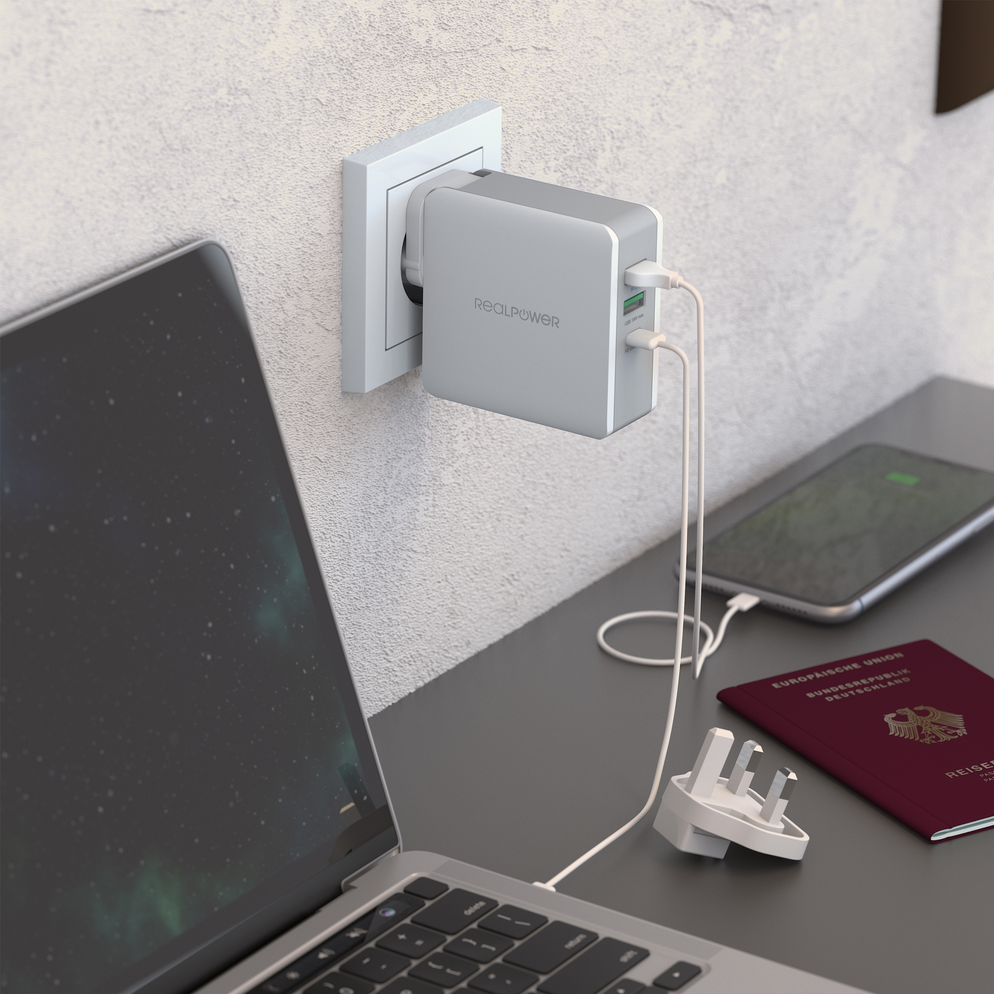 RealPower DeskCharge-65 Travel - Drinnen - AC - 20 V - Grau, Ansicht 4