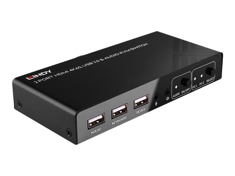 Lindy 2 Port KVM Switch HDMI 4K60, USB 2.0 & Audio