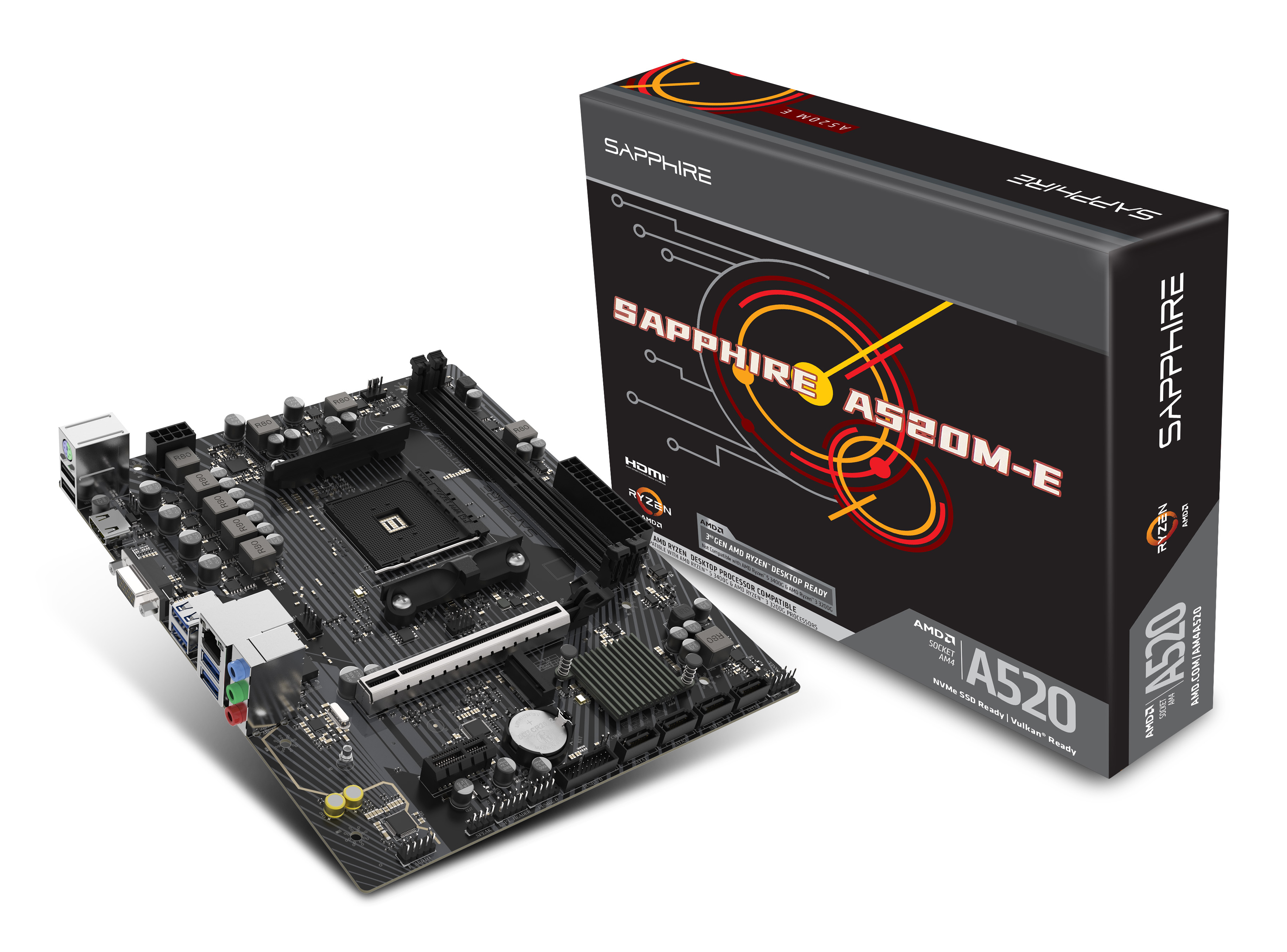 Sapphire A520M-E - Motherboard - micro ATX - Socket AM4 - AMD A520 Chipsatz - USB 3.2 Gen 1 - Gigabit LAN, Ansicht 2