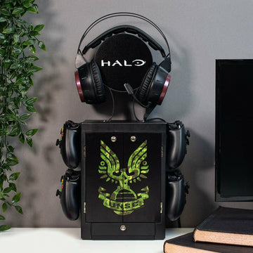 Numskull Games 5056280422457 - Halo Diskettenhalter für Spiele, Xbox, Schwarz, Grün, Matt, Ansicht 3