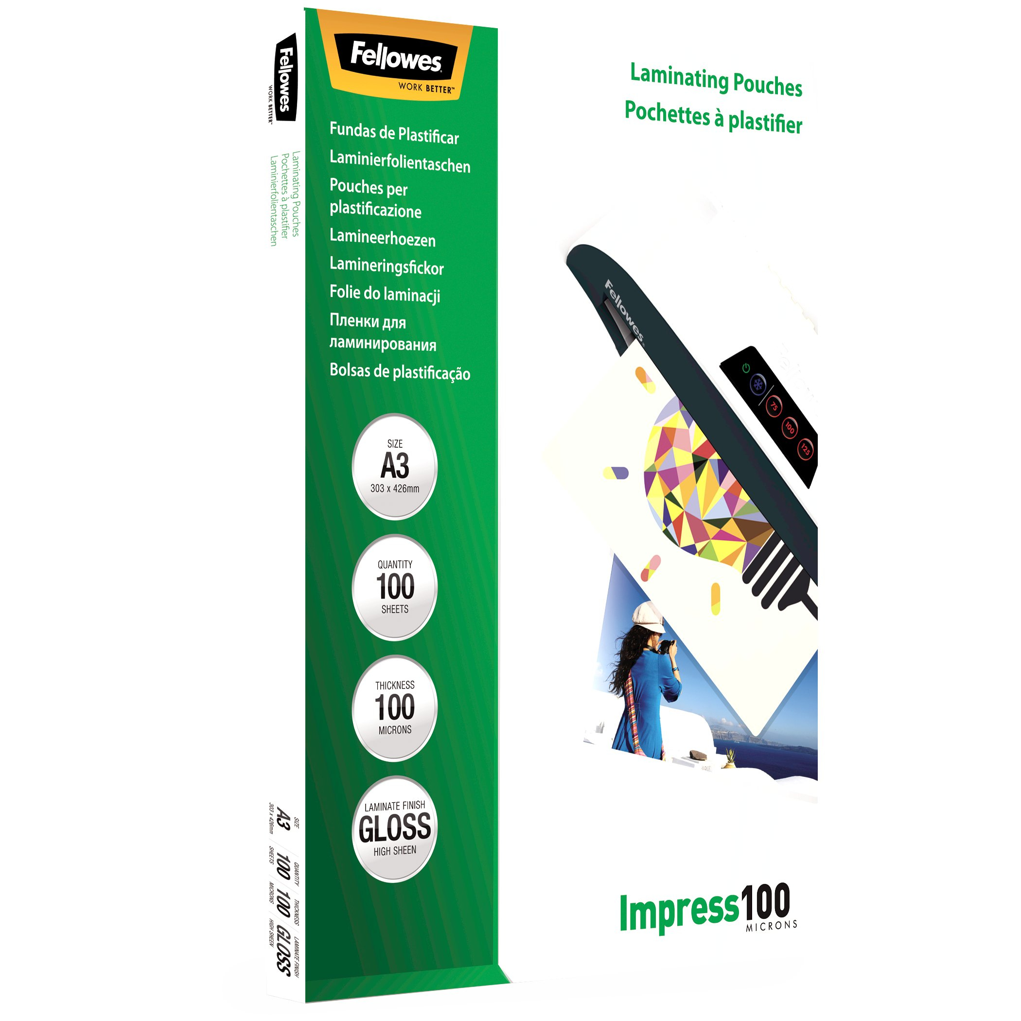 Fellowes Laminating Pouches Impress 100 Micron - 100 Mikrometer - 100er-Pack - glänzend - durchsichtig - A3, Ansicht 4
