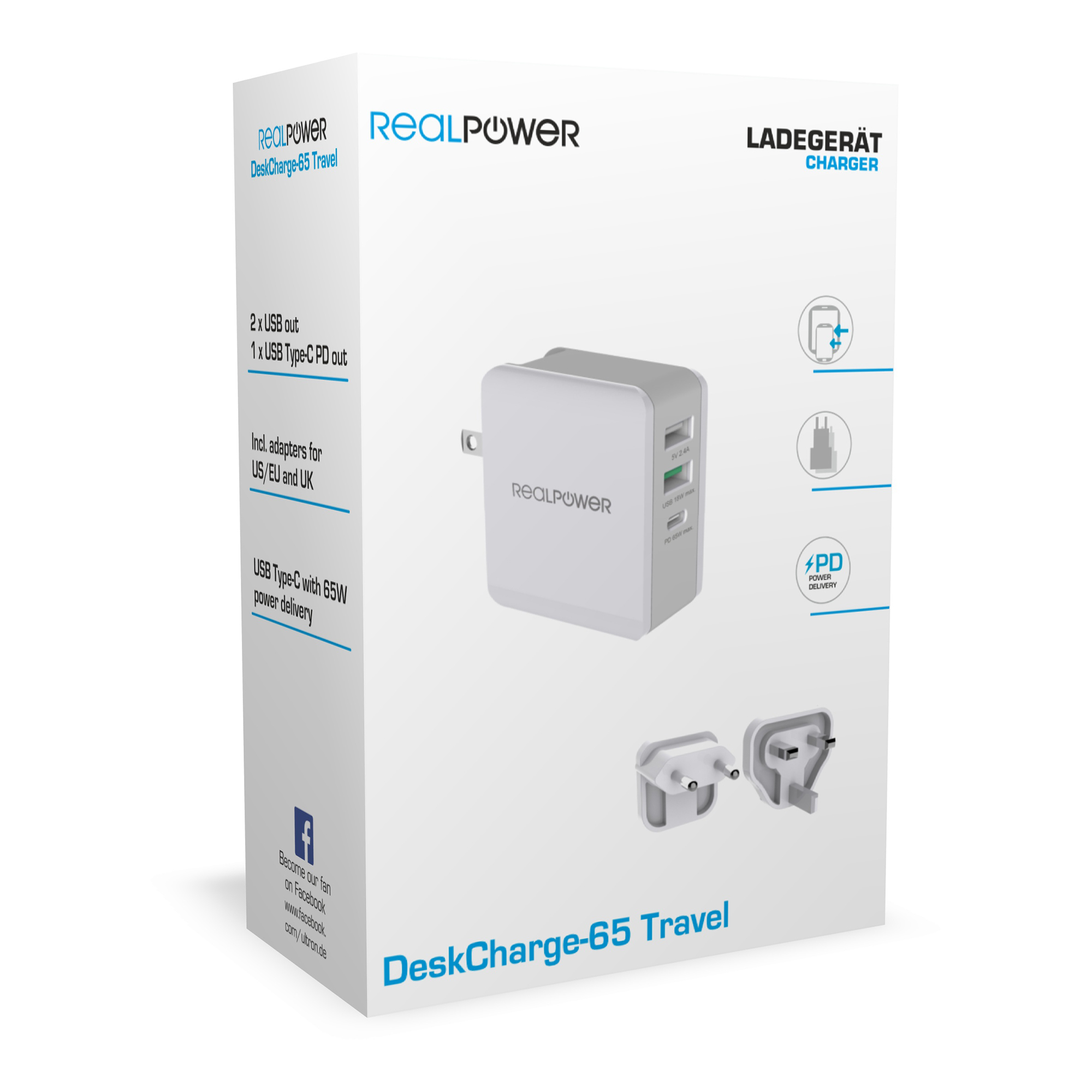 RealPower DeskCharge-65 Travel - Drinnen - AC - 20 V - Grau, Ansicht 3