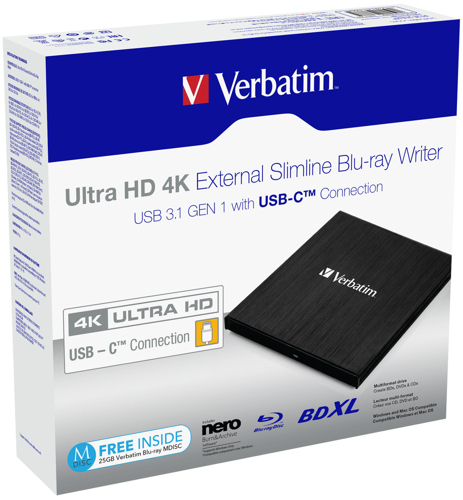 Verbatim Ultra HD 4K - Laufwerk - BDXL Writer - 6x/4x - SuperSpeed USB 3.1 Gen 1 - extern (13,3 cm Slim Line), Ansicht 3