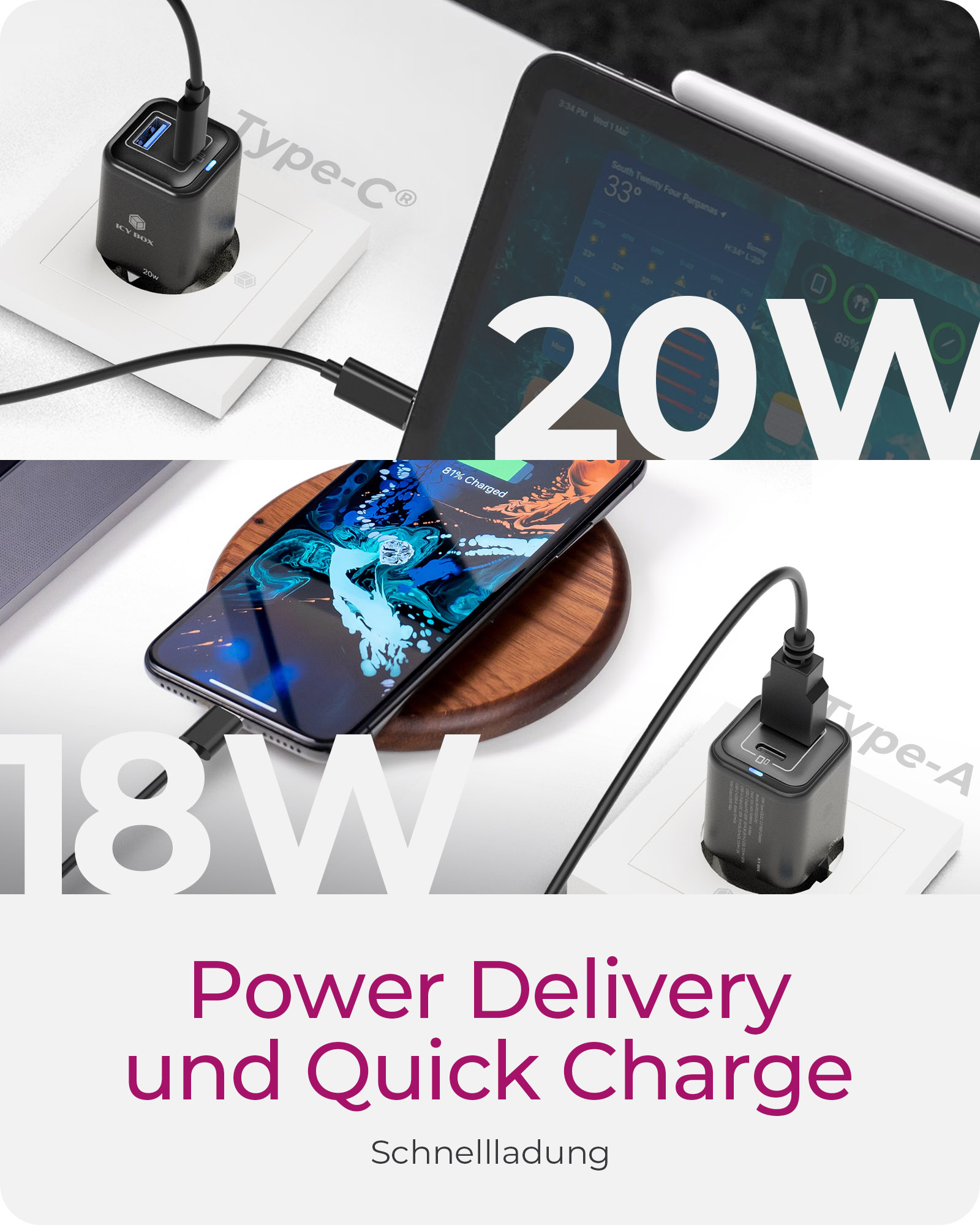 ICY BOX IB-PS1020-PD - Netzteil - 20 Watt - 3 A - PD 3.0, QC 3.0 - 2 Ausgabeanschlussstellen (24 pin USB-C, USB), Ansicht 4