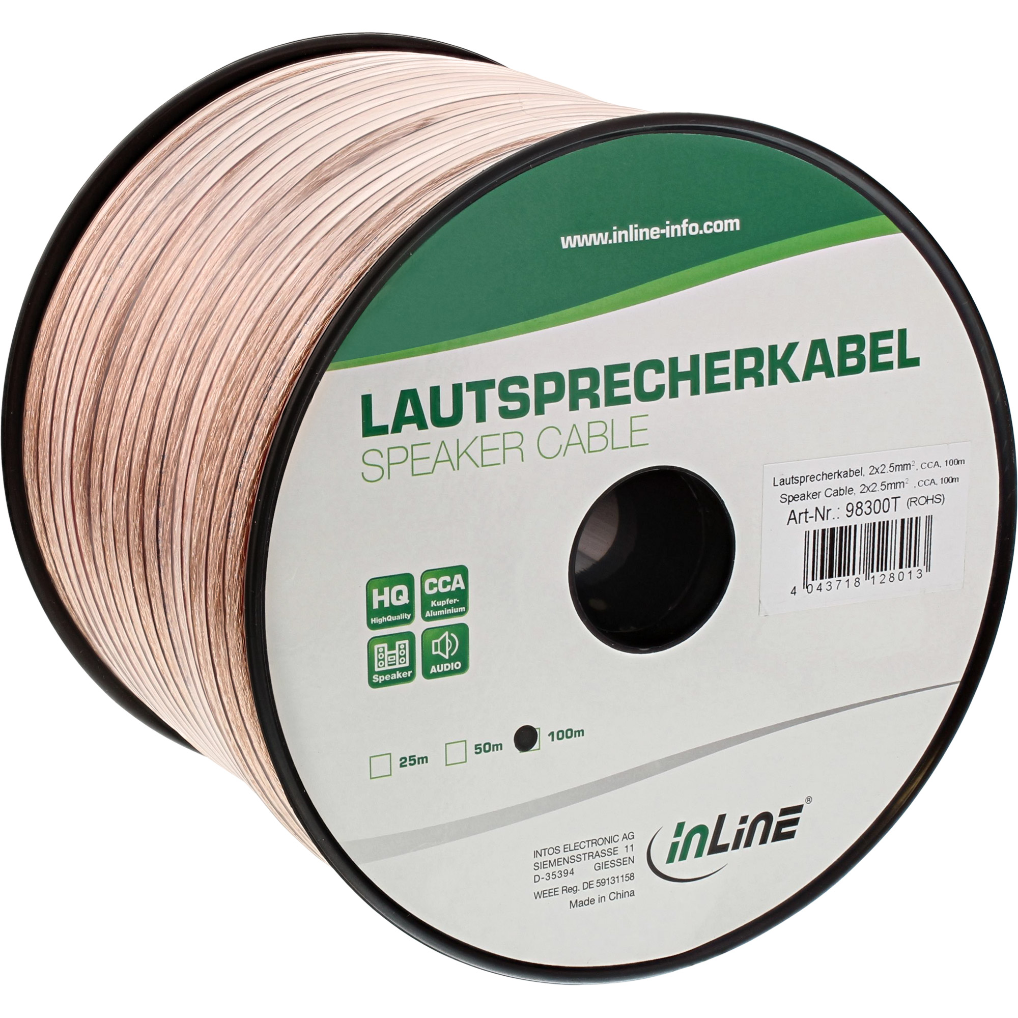 InLine Lautsprecherkabel - 2x 25mm² - CCA - transparent - 100m