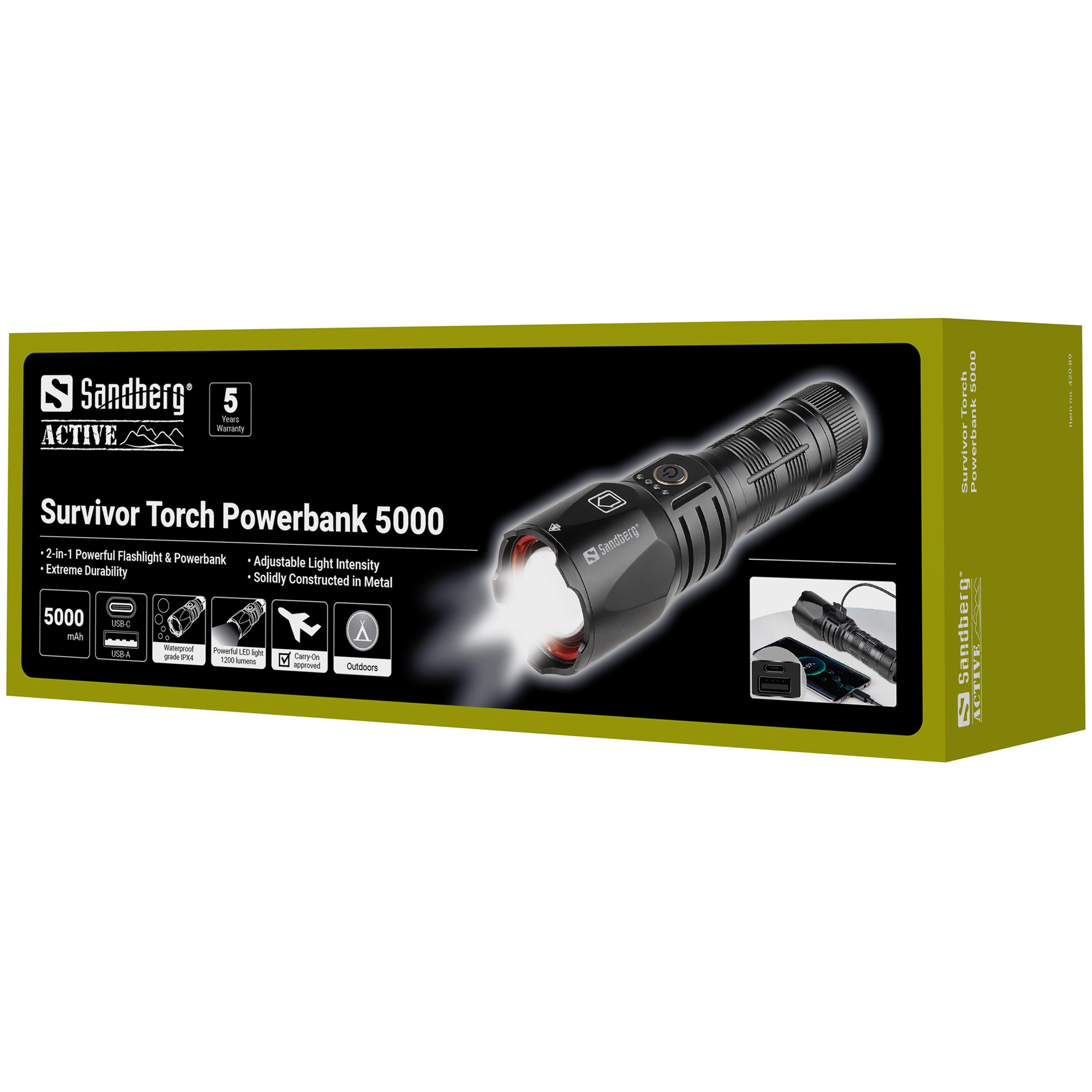 SANDBERG Active Survivor Torch Powerbank 5000 - Powerbank - 5000 mAh - 18.5 Wh - 2 A - 2 Ausgabeanschlussstellen, Ansicht 2